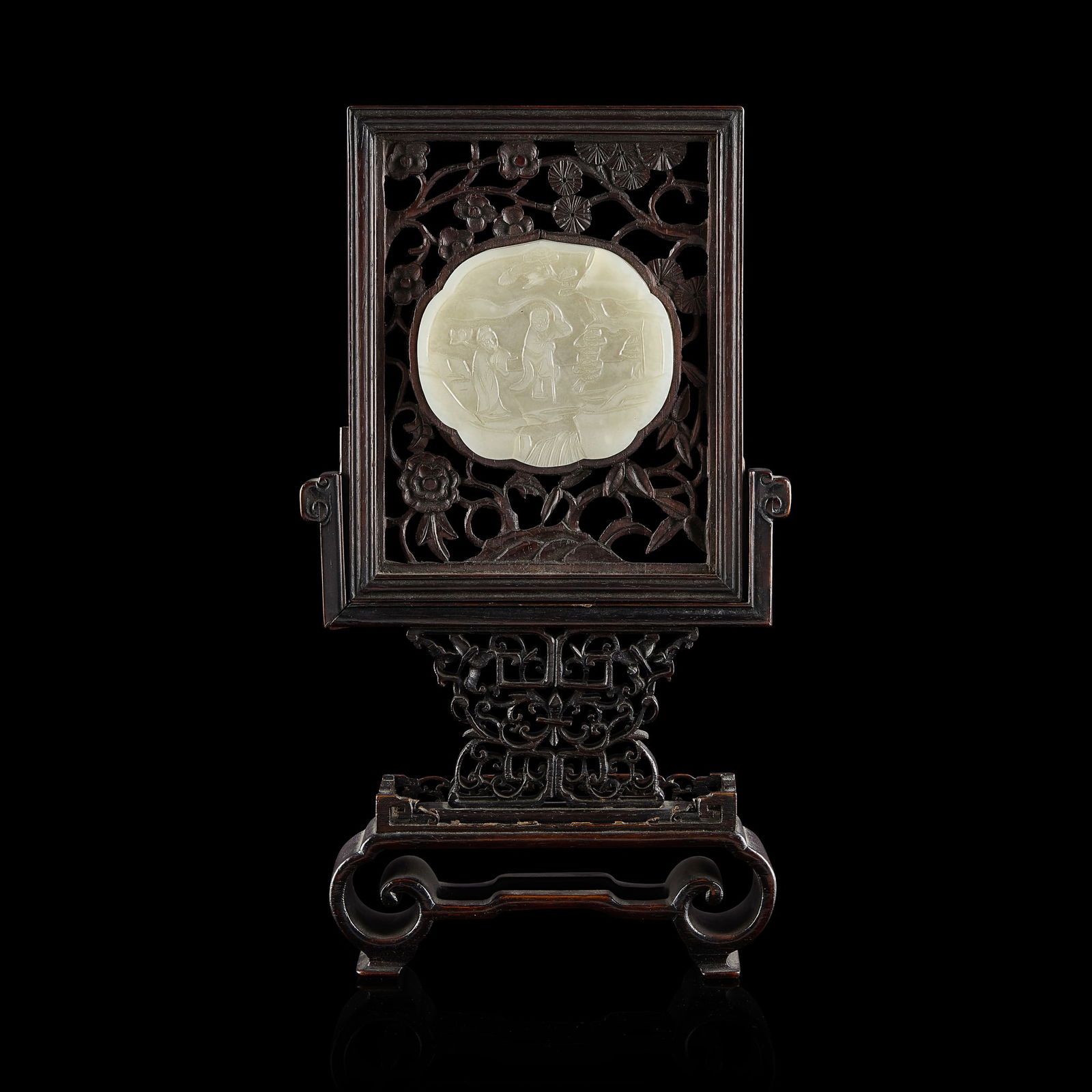 CHINESE PALE CELADON JADE PLAQUE INSET HARDWOOD TABLE SCREEN (1 of 1)