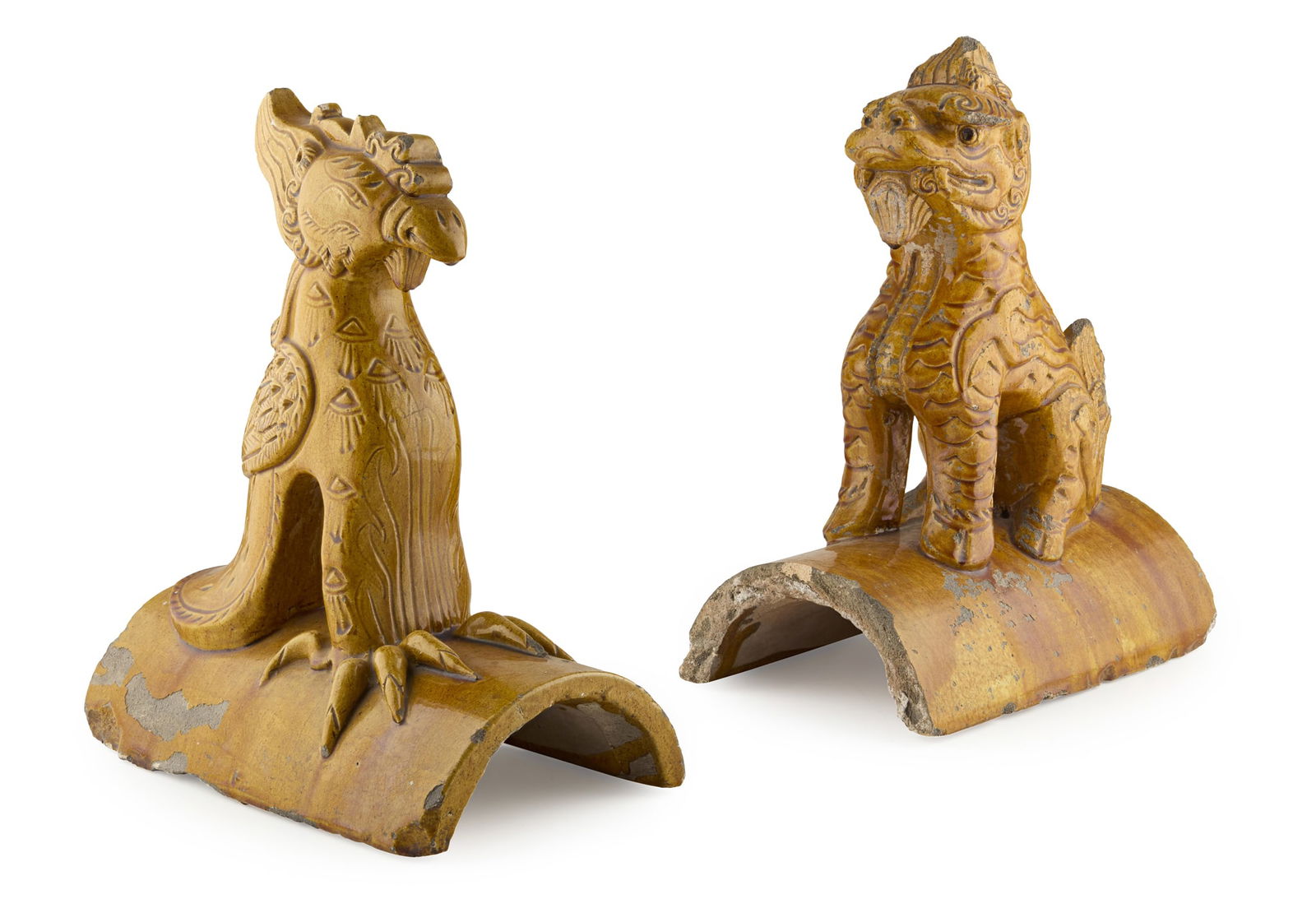 TWO CHINESE AMBER-GLAZED POTTERY ROOF TILE FINIALS (1 of 3)