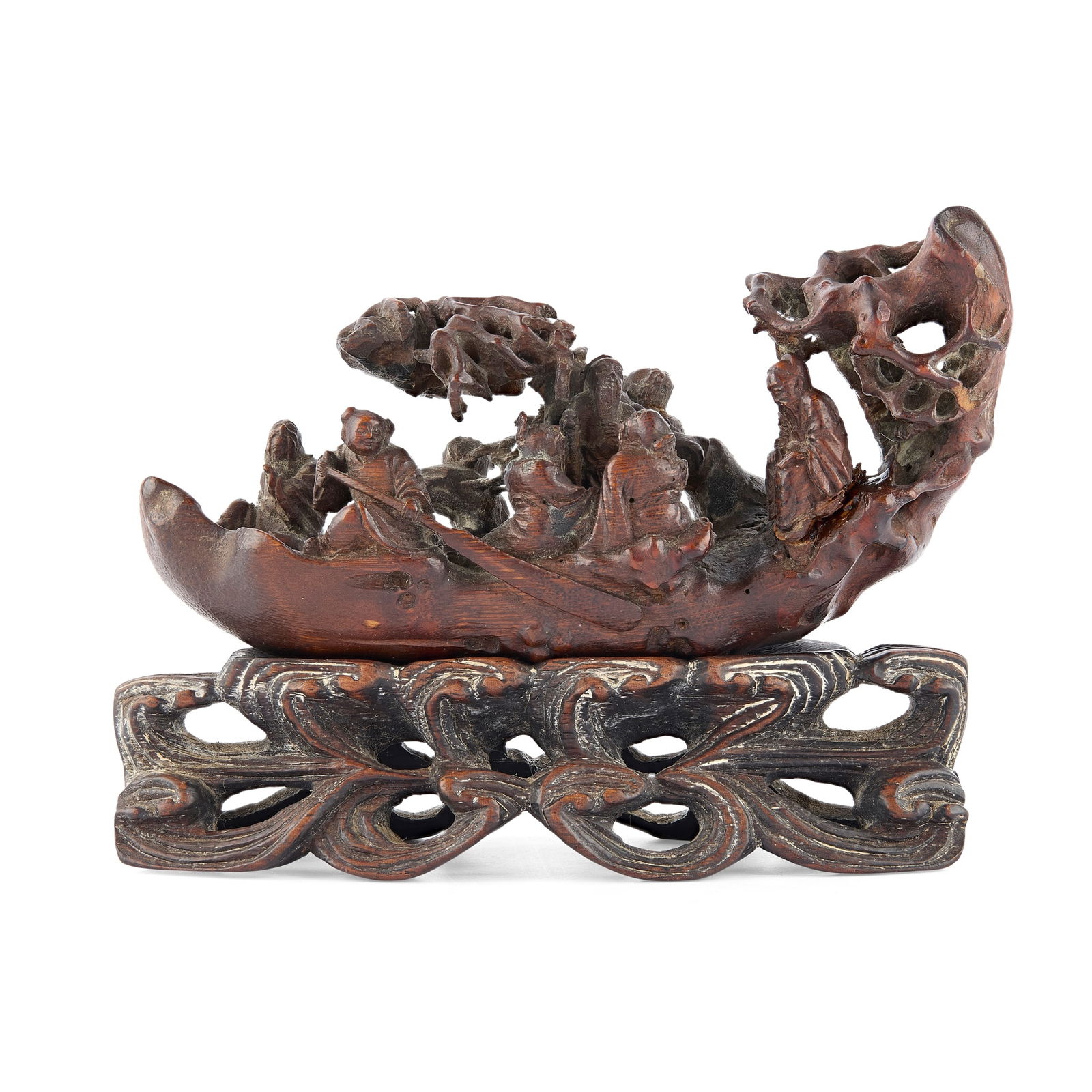 [PRIVATE COLLECTION, GLASGOW] CHINESE BAMBOO CARVING OF EIGHT IMMORTALS ON RAFT: [PRIVATE COLLECTION, GLASGOW] CHINESE BAMBOO CARVING OF EIGHT IMMORTALS ON RAFT QING DYNASTY, 18TH CENTURY 清 竹雕八仙乘槎擺件 帶木