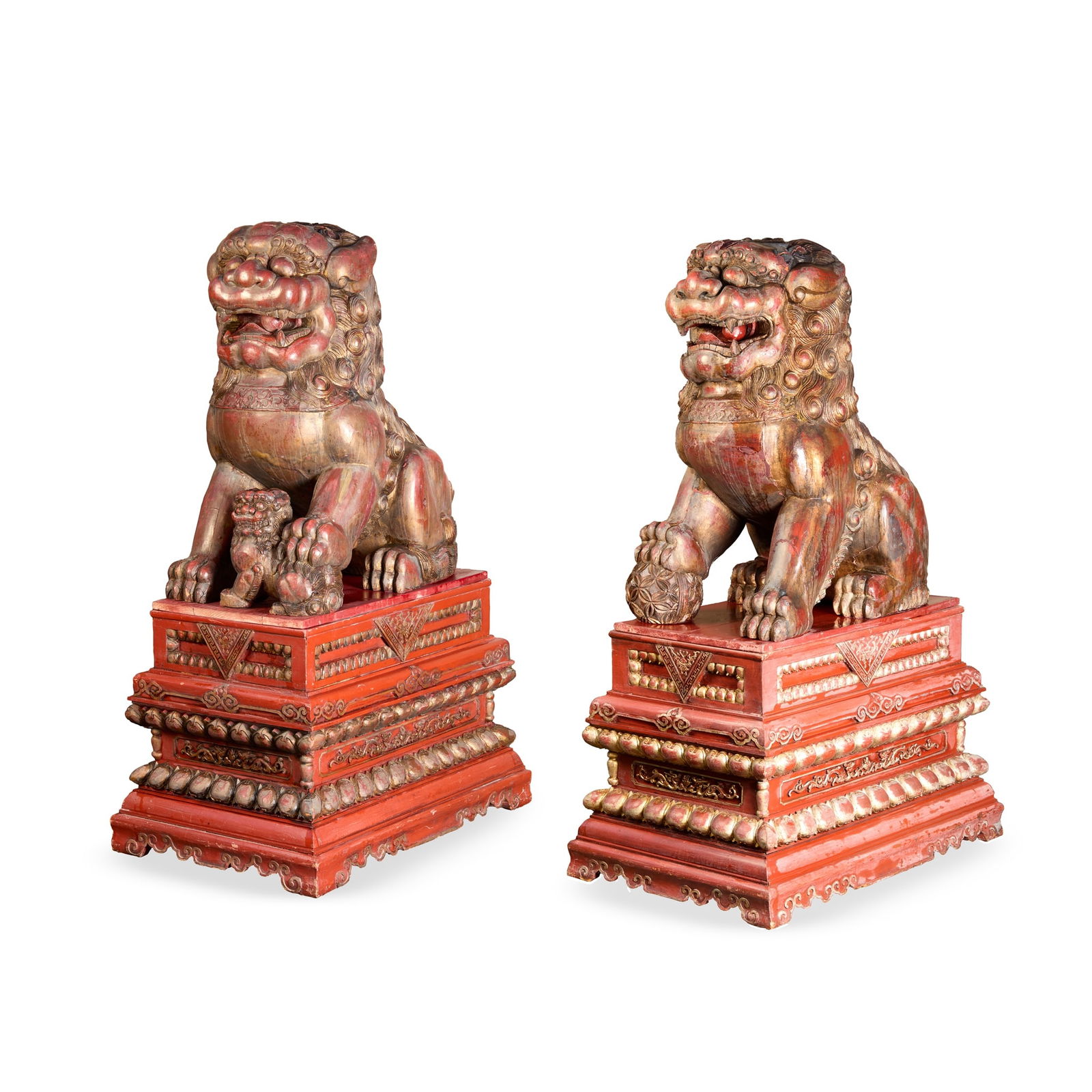 MASSIVE PAIR OF CHINESE LACQUERED BUDDHIST LIONS (1 of 3)