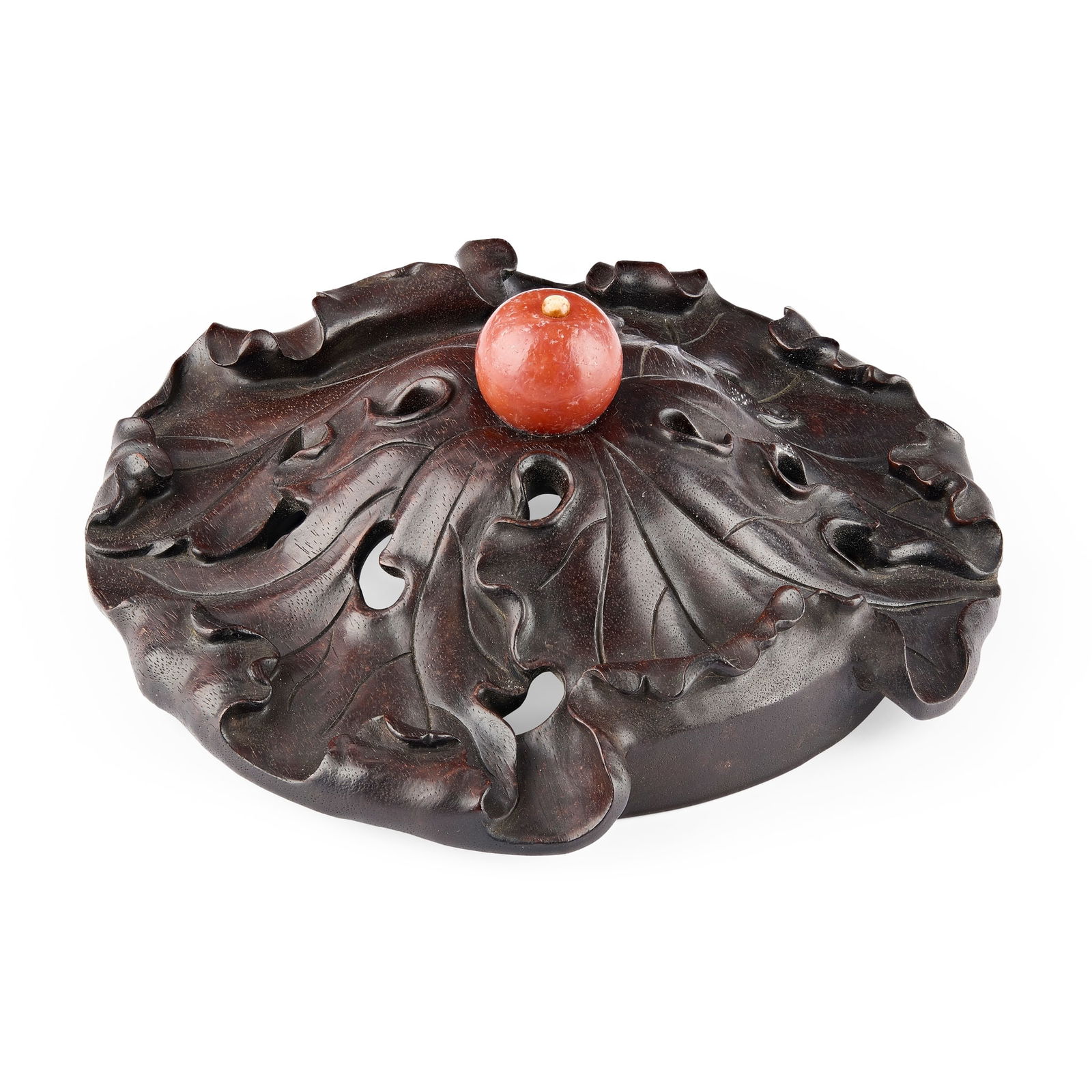 [PRIVATE ENGLISH COLLECTION] CHINESE ZITAN 'LOTUS LEAF' COVER: [PRIVATE ENGLISH COLLECTION] CHINESE ZITAN 'LOTUS LEAF' COVER QING DYNASTY, 19TH CENTURY 清 紫檀鏤雕荷葉形器蓋carved in the form of multi-la