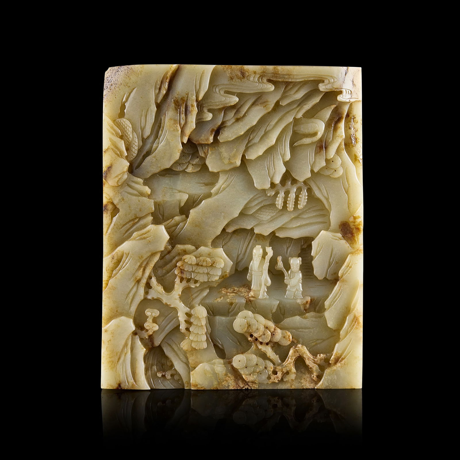 [PRIVATE ENGLISH COLLECTION] CHINESE CELADON JADE 'LANDSCAPE' TABLE SCREEN: [PRIVATE ENGLISH COLLECTION] CHINESE CELADON JADE 'LANDSCAPE' TABLE SCREEN 青玉帶沁雕山水人物紋桌屏each side carved with an