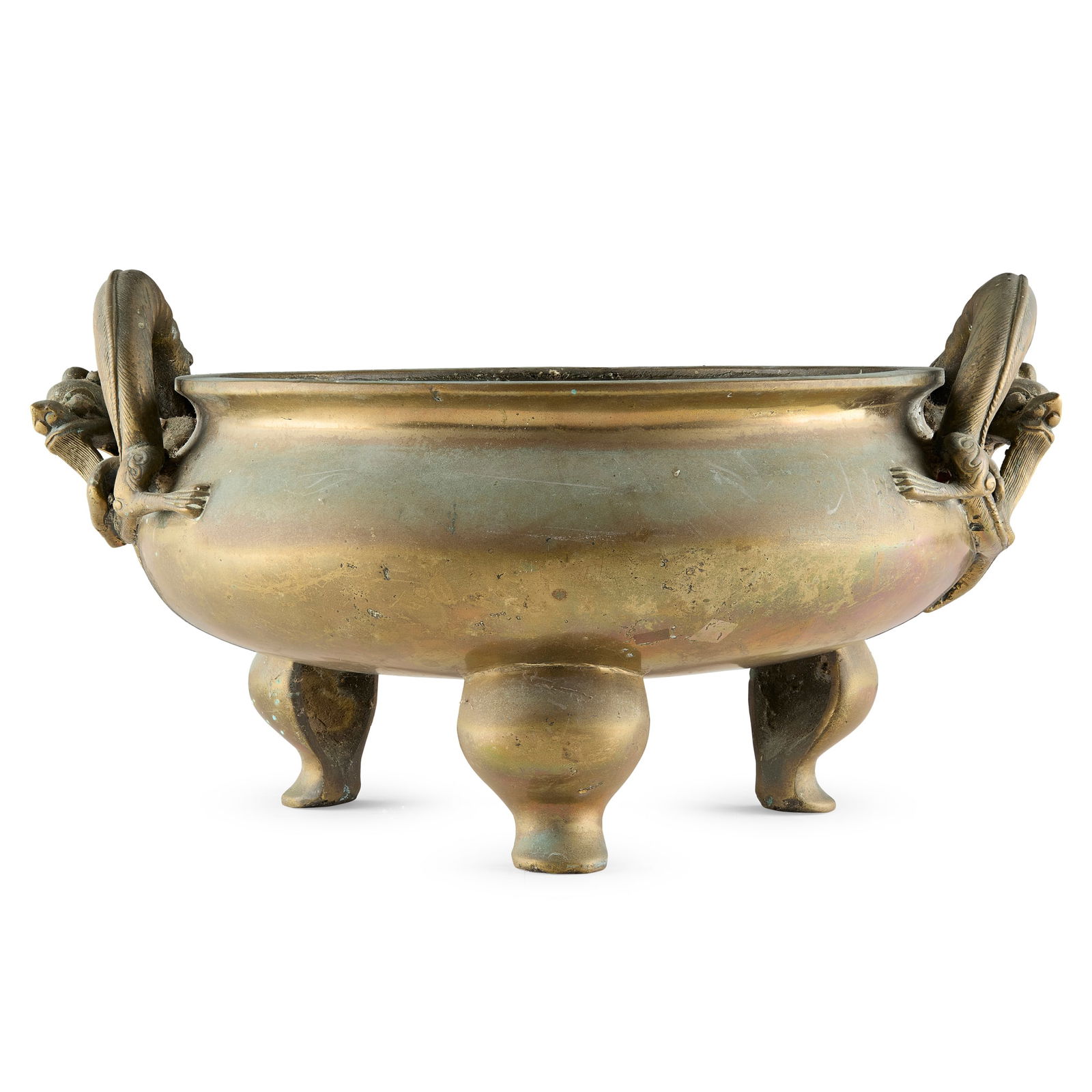 LARGE CHINESE BRONZE TRIPOD DRAGON-HANDLED CENSER (1 of 2)