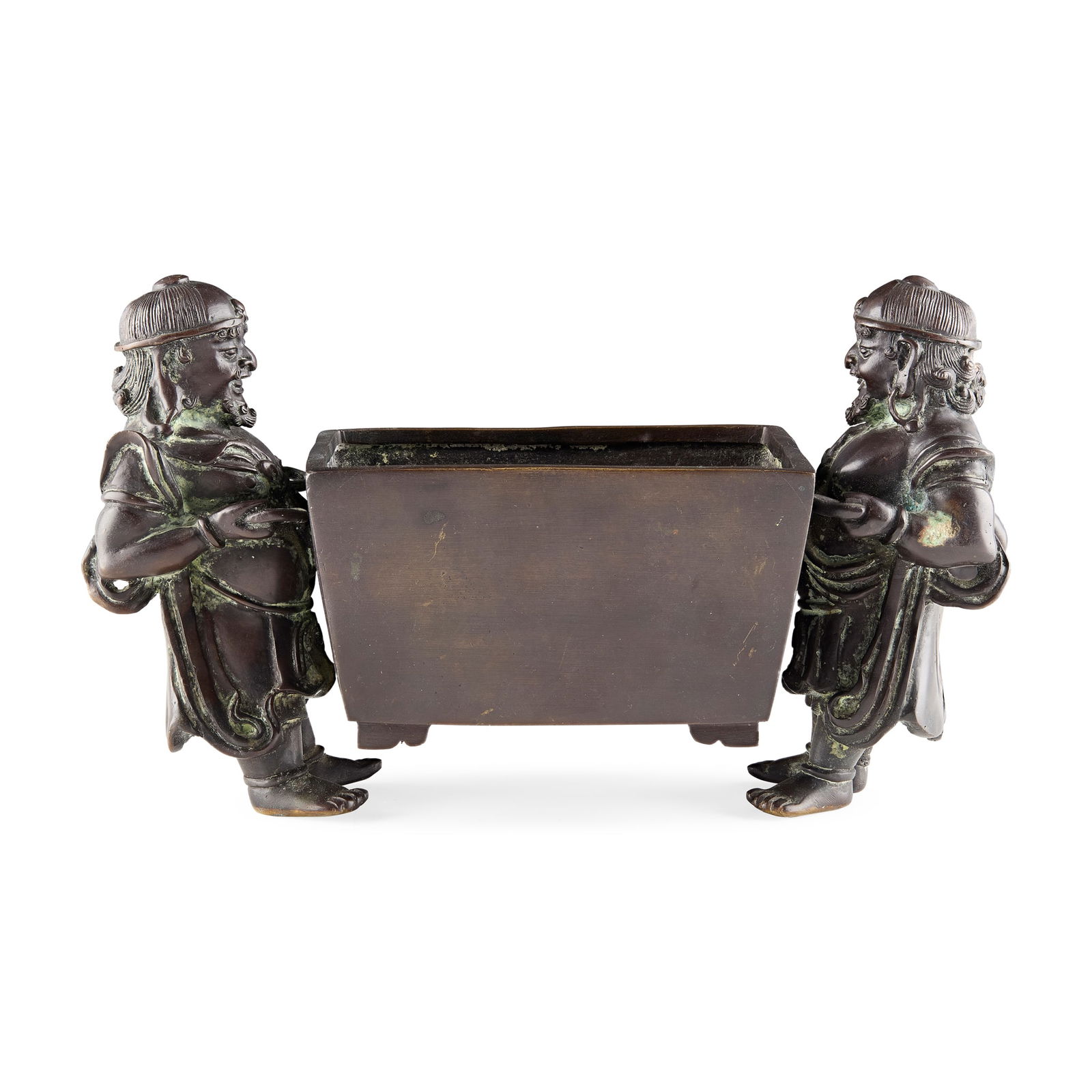 CHINESE BRONZE 'FOREIGNER' CENSER: CHINESE BRONZE 'FOREIGNER' CENSER XUANDE MARK, LATE MING TO QING DYNASTY, 17TH CENTURY 明末清初 宣德款 胡人雙耳方爐the cen
