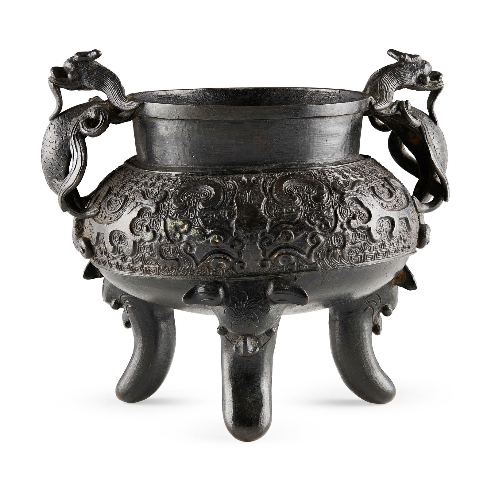 [PRIVATE SCOTTISH COLLECTION, PERTHSHIRE] CHINESE BRONZE 'TAOTIE' TRIPOD CENSER: [PRIVATE SCOTTISH COLLECTION, PERTHSHIRE] CHINESE BRONZE 'TAOTIE' TRIPOD CENSER XUANDE MARK, LATE MING TO EARLY QING DYNASTY, 17TH-18TH CENTURY 明末清初 宣德款