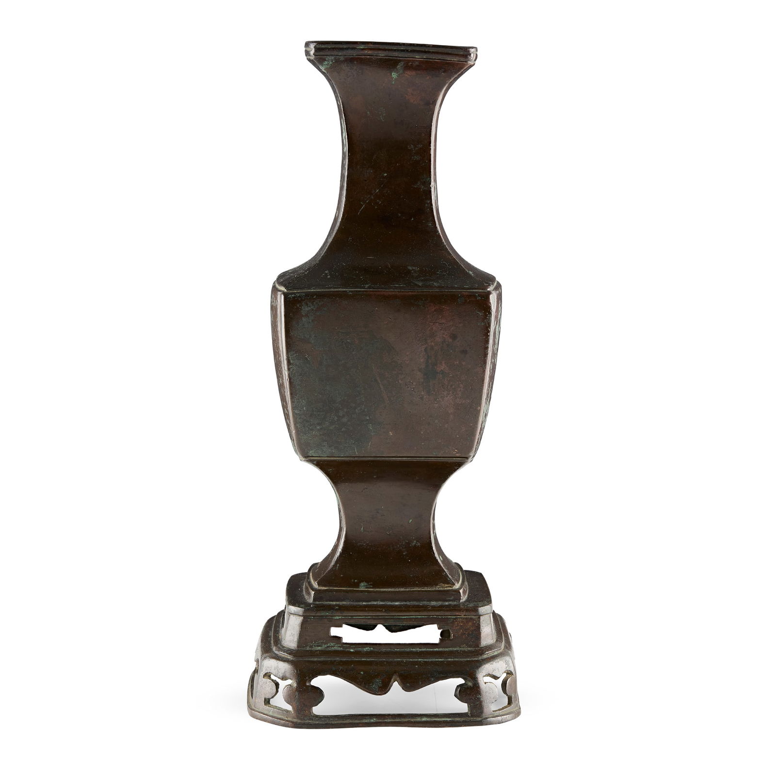 [PRIVATE SCOTTISH COLLECTION, PERTHSHIRE] CHINESE BRONZE FOUR-SECTION VASE: [PRIVATE SCOTTISH COLLECTION, PERTHSHIRE] CHINESE BRONZE FOUR-SECTION VASE MING DYNASTY 明 銅連座方瓶of square section, raised on a pierced integrated