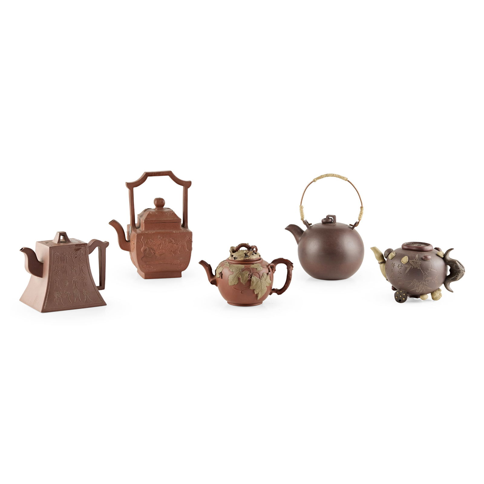 GROUP OF FIVE YIXING STONEWARE TEAPOTS (1 of 4)