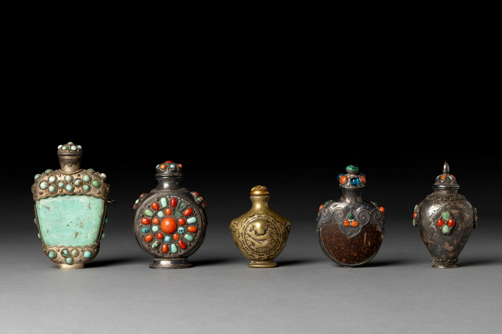 [COLLECTION OF PROF. J. GILBERT & CORA MCALLISTER] GROUP OF FIVE MONGOLIAN STYLE SNUFF BOTTLES (1 of 16)