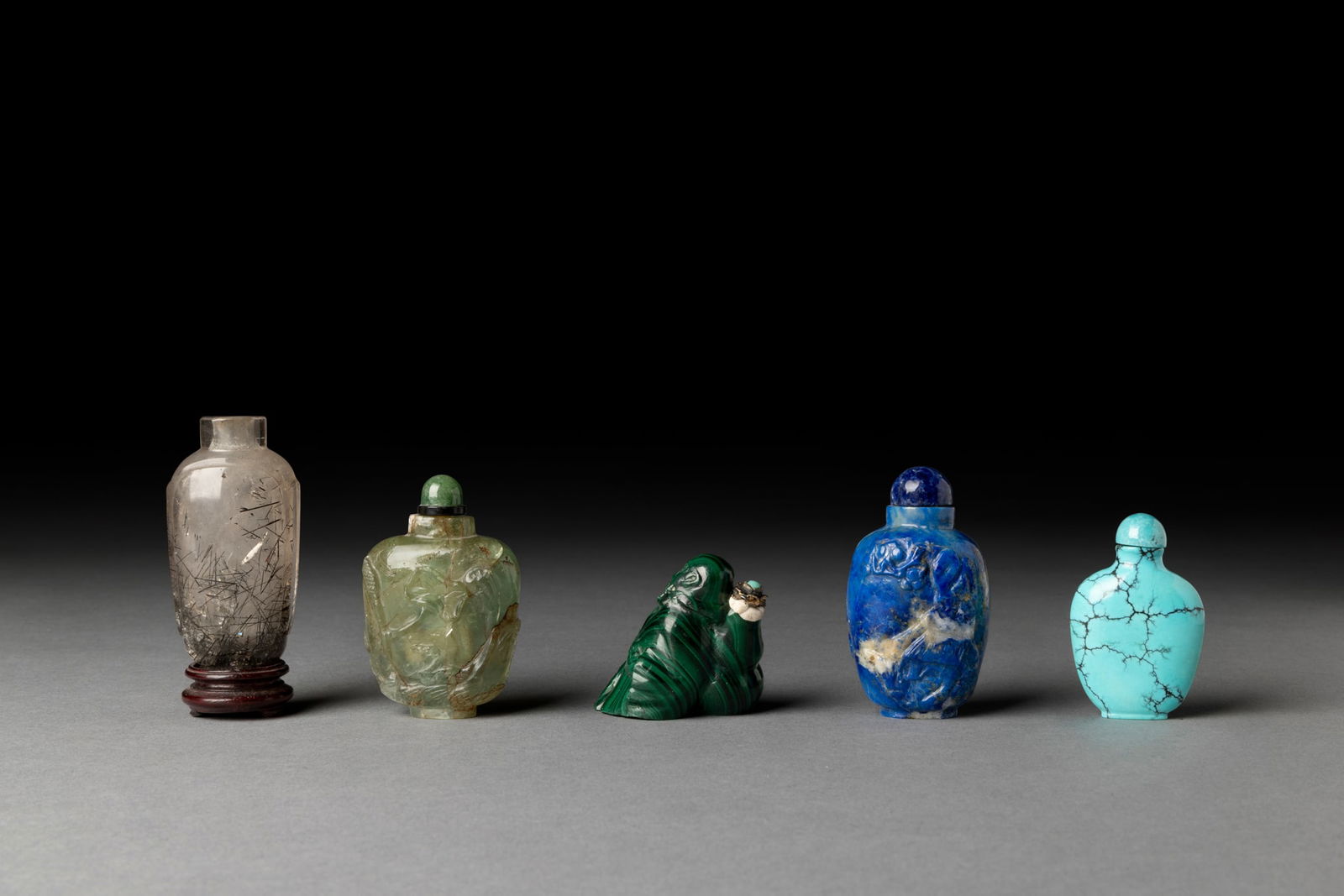 [COLLECTION OF PROF. J. GILBERT & CORA MCALLISTER] GROUP OF FIVE CHINESE STONE SNUFF BOTTLES (1 of 12)
