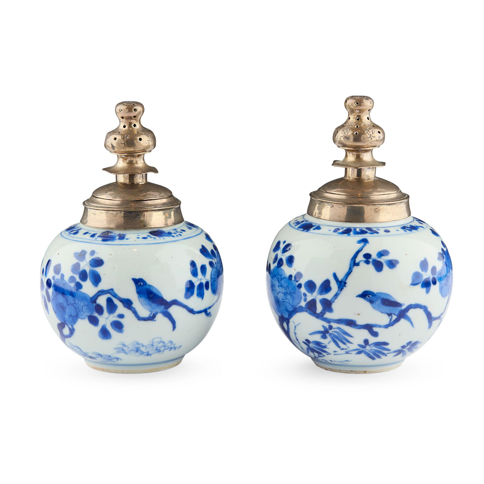 PAIR OF CHINESE BLUE AND WHITE VASES WITH WHITE METAL MOUNTS (1 of 1)