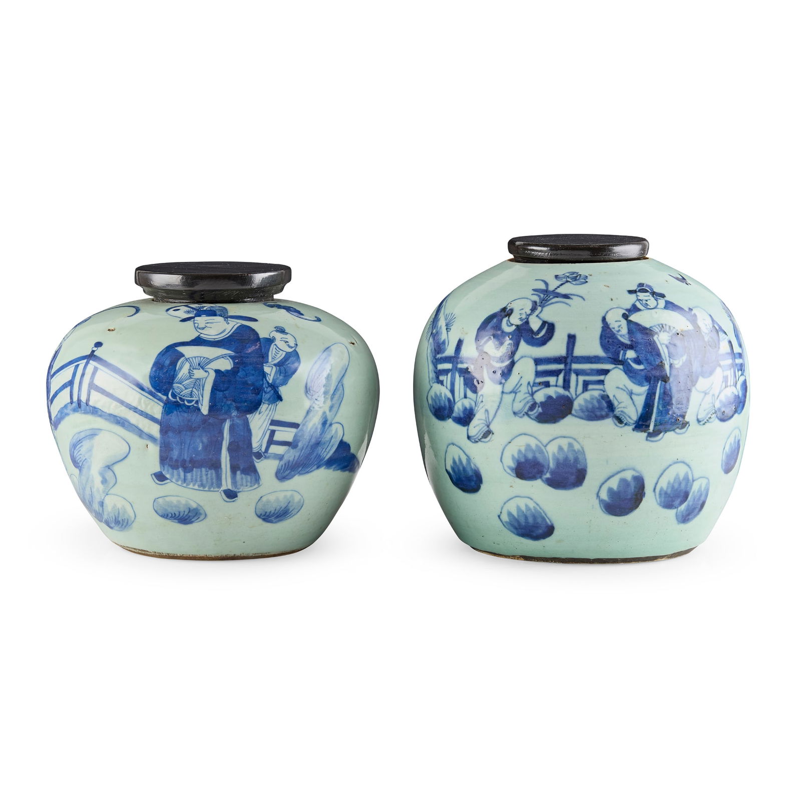 TWO CHINESE CELADON GROUND UNDERGLAZE BLUE 'FIGURAL' GINGER JARS (1 of 1)