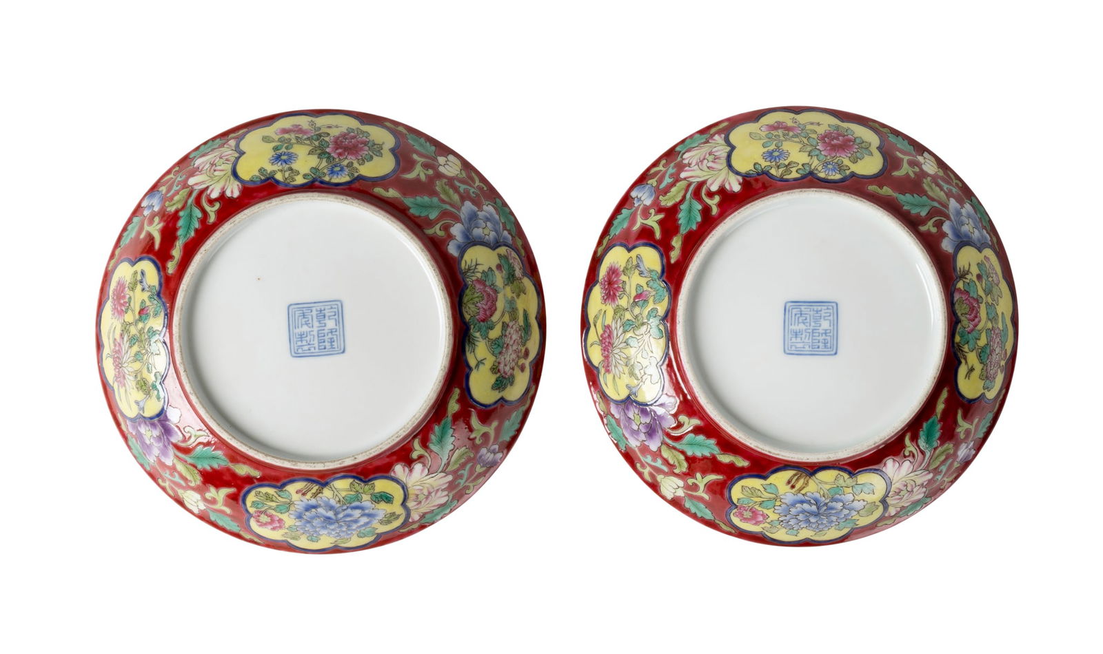 PAIR OF CHINESE RUBY-RED-GROUND FAMILLE ROSE 'FLORAL' DISHES (1 of 2)