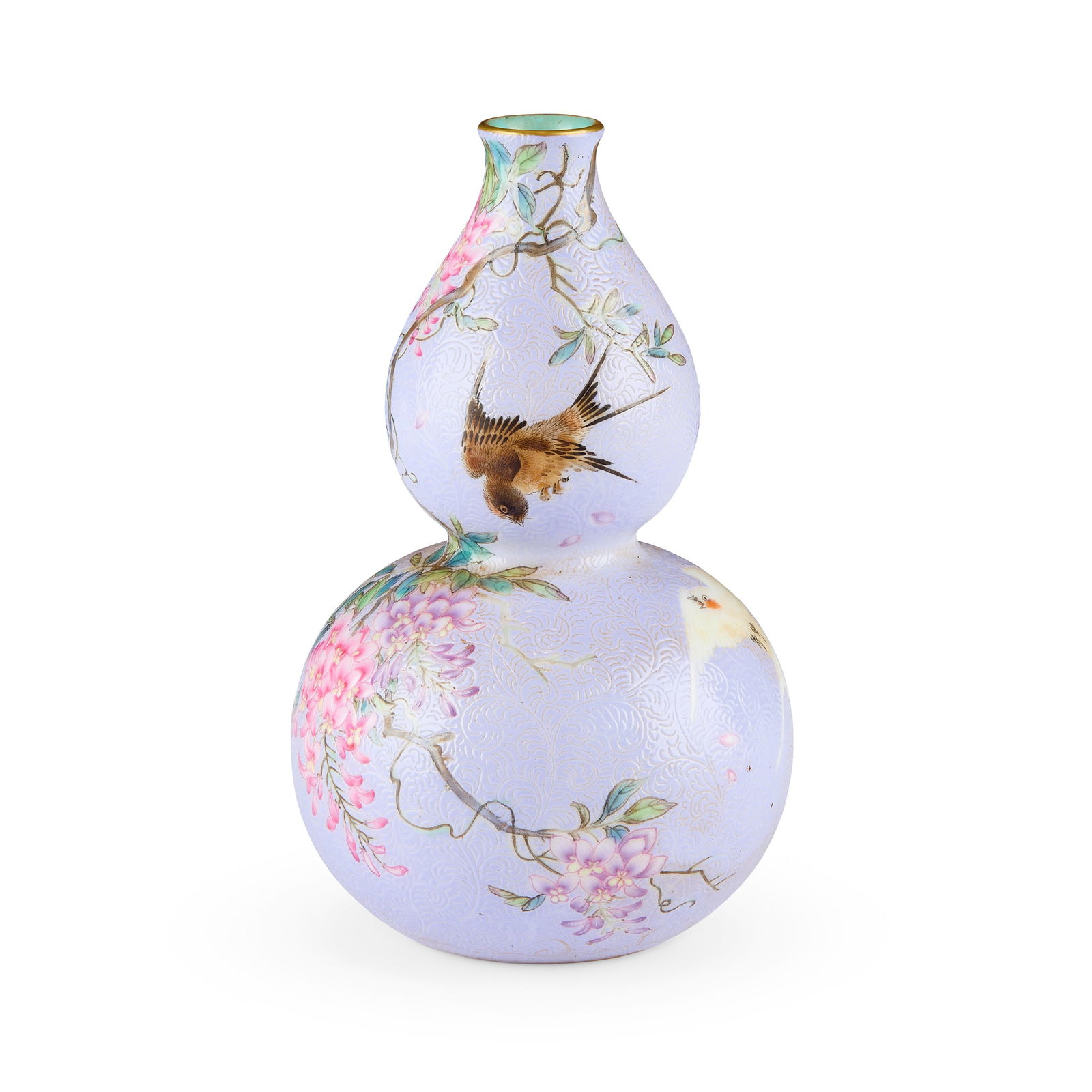 CHINESE PURPLE-GROUND FAMILLE ROSE SGRAFFITO GOURD-SHAPED VASE (1 of 2)