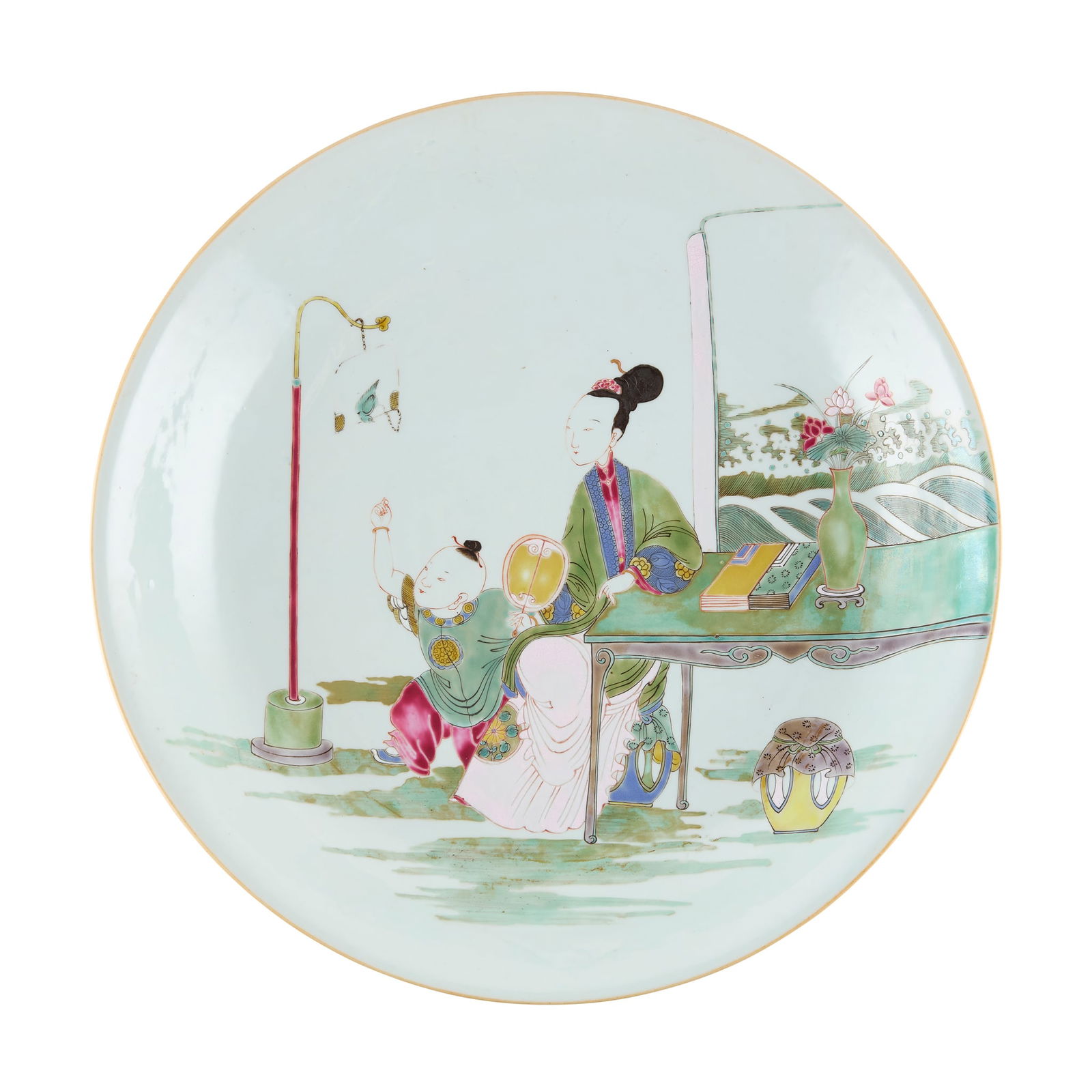 CHINESE FAMILLE ROSE 'MOTHER AND SON' CHARGER: CHINESE FAMILLE ROSE 'MOTHER AND SON' CHARGER 粉彩母子圖大盤the interior finely painted with a mother holding a fan seated by a table, looking at her son play