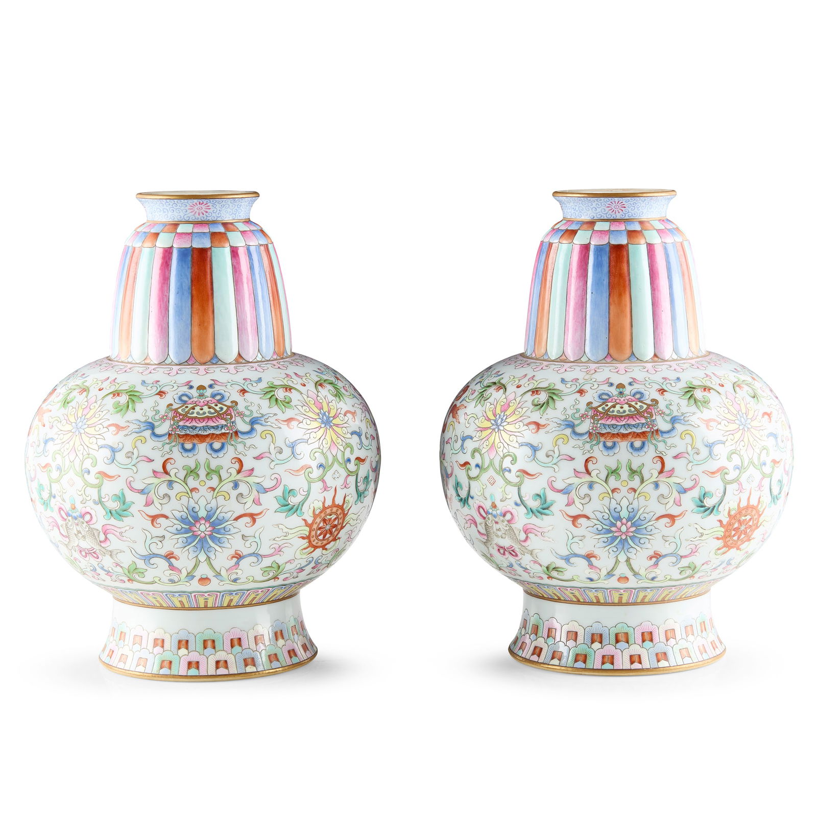PAIR OF CHINESE FAMILLE ROSE TIBETAN STYLE VASES, PENBA HU (1 of 3)