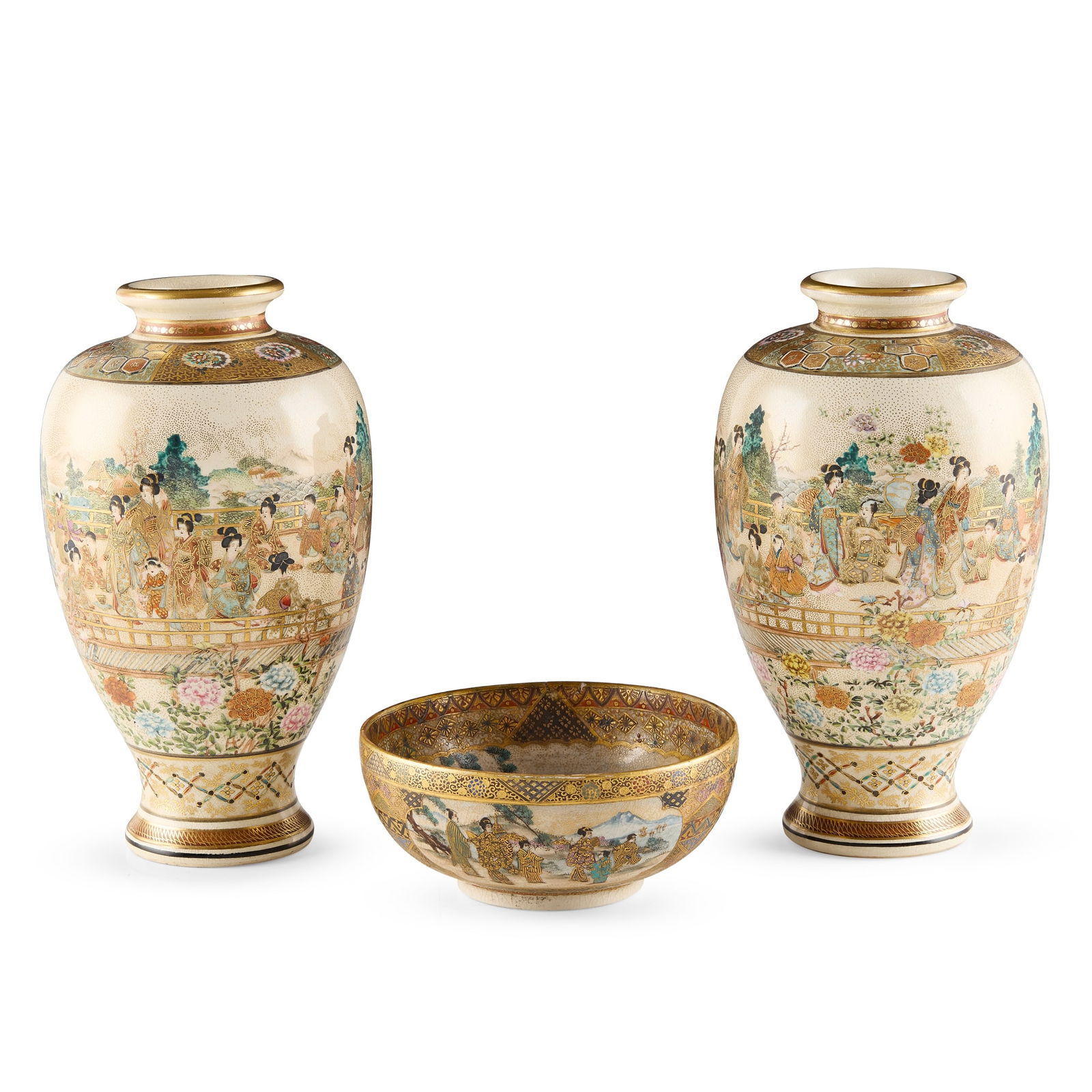 GROUP OF THREE JAPANESE SATSUMA 'BIJIN' WARES (1 of 3)