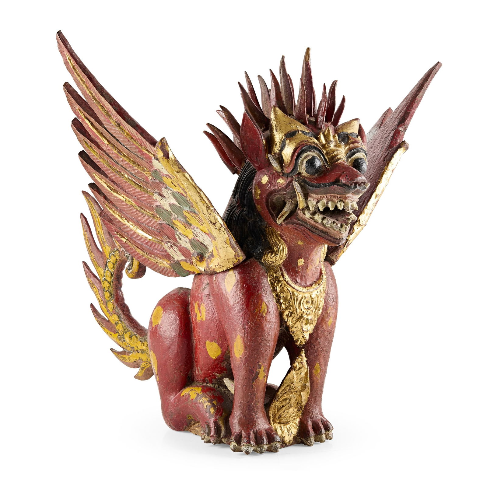 [PRIVATE UK COLLECTION] BALINESE GILT AND POLYCHROME WOODEN FIGURE OF SINGHA (1 of 1)