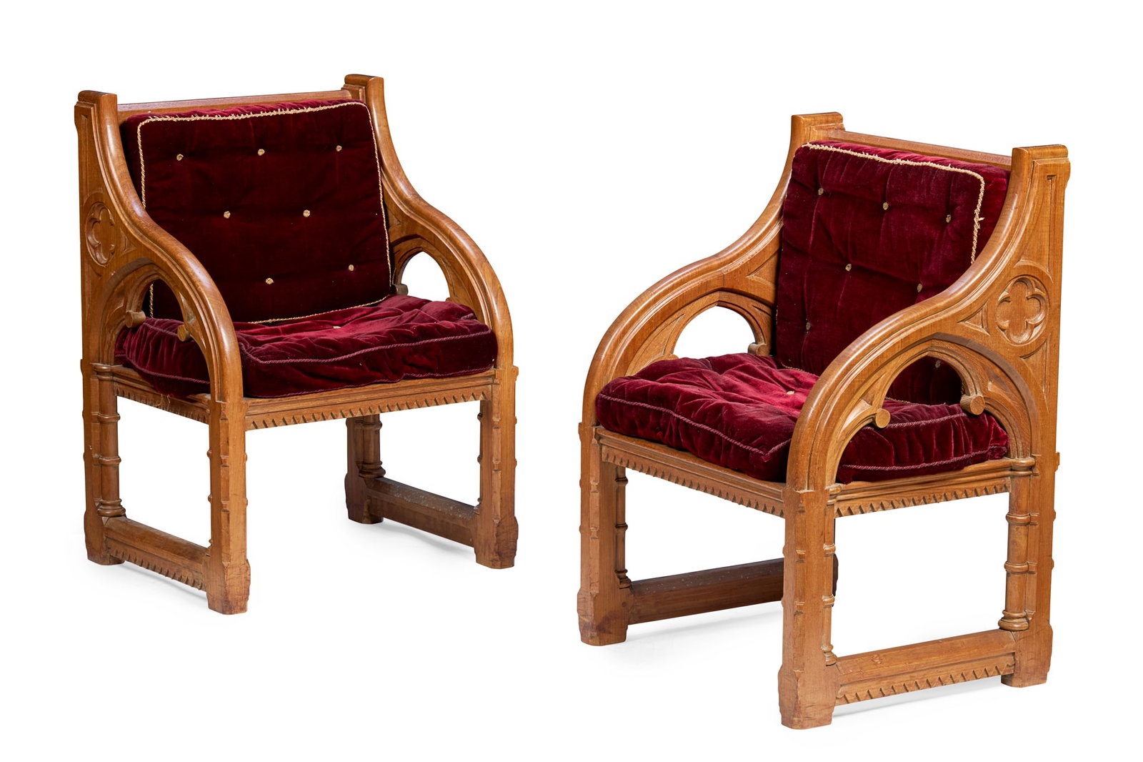 SCOTTISH: SCOTTISH PAIR OF GOTHIC REVIVAL ARMCHAIRS, CIRCA 1886 carved oak, velvet cushions, brass plaque to the back inscribed ‘Gifted by James Taylor Esquire of Starley Hall, an elder of Greenside Churc