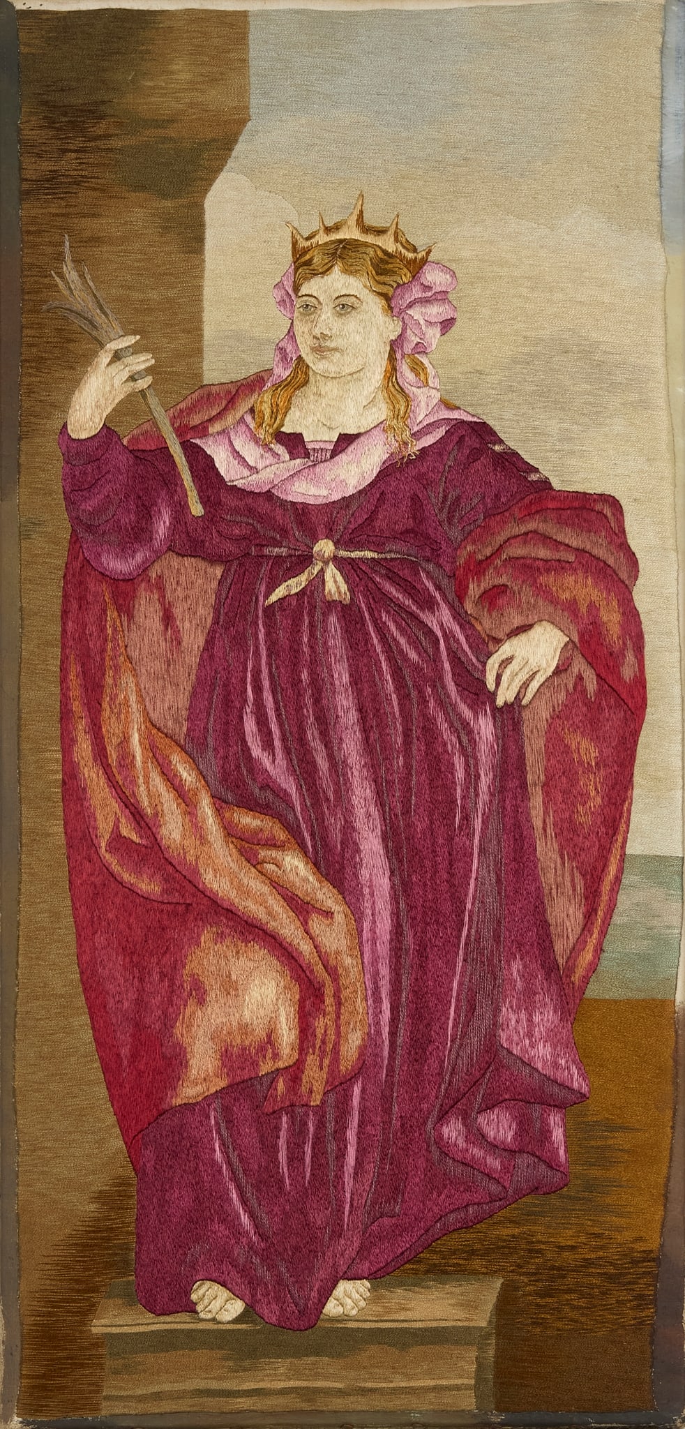 ENGLISH: ENGLISH 'MINERVA' EMBROIDERED PANEL, CIRCA 1890 coloured silks, indistinctly signed verso, unframed 52cm x 23cm