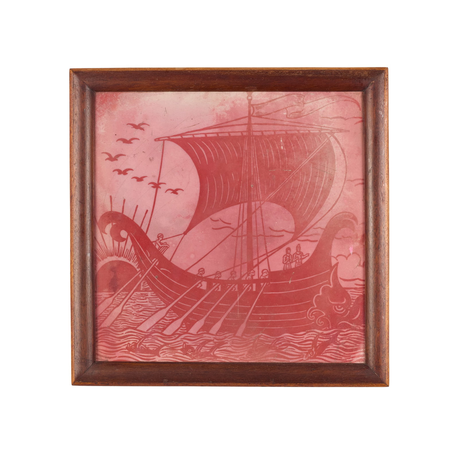 WILLIAM DE MORGAN (1839-1917): WILLIAM DE MORGAN (1839-1917) RUBY LUSTRE 'GALLEON' TILE glazed earthenware with ruby lustre, on a Minton Hollins blank, bears label inscribed LENT BY MRS H. HOLIDAY/ 6-3-17, framed tile 19cm square,