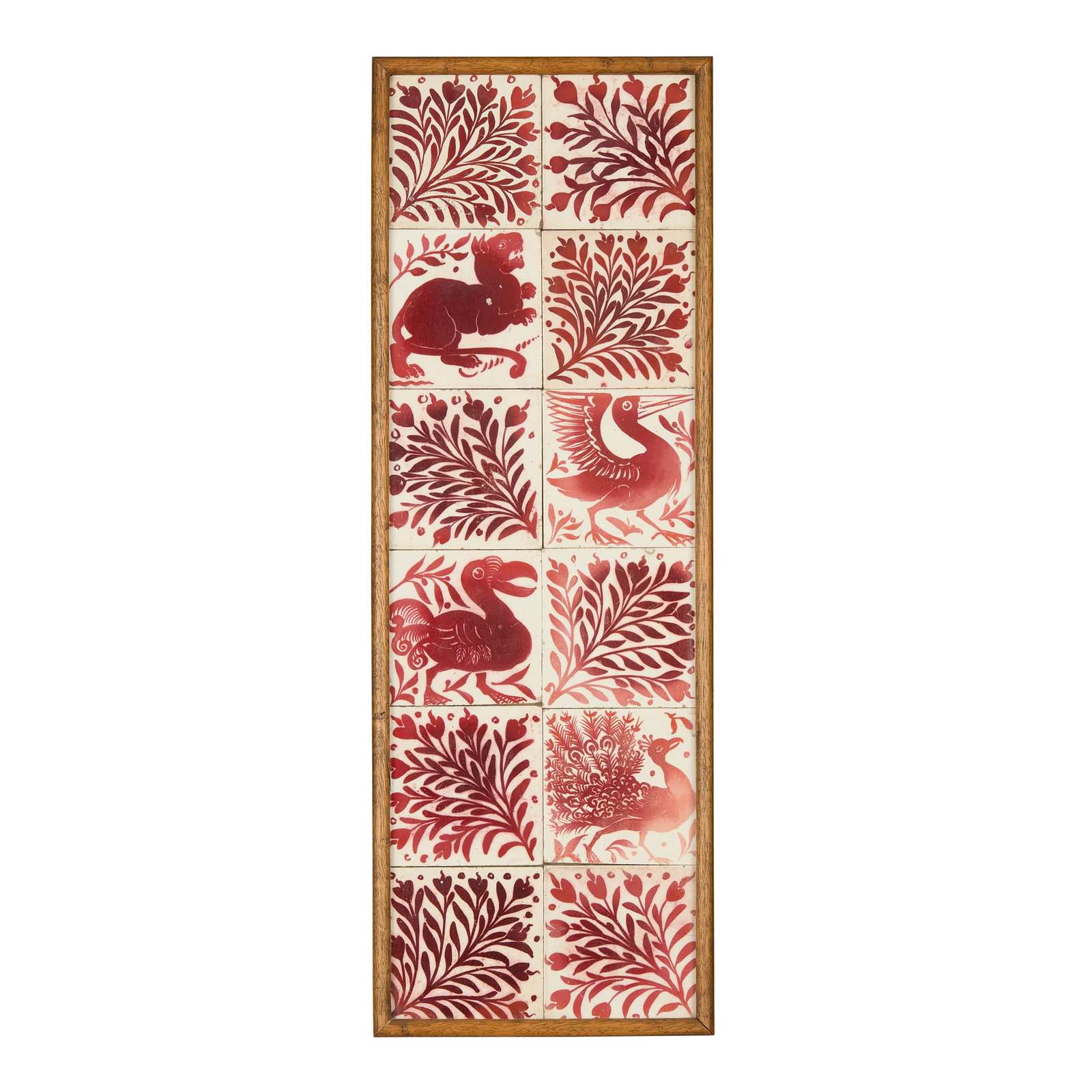 WILLIAM DE MORGAN (1839-1917): WILLIAM DE MORGAN (1839-1917) RUBY LUSTRE TWELVE-TILE PANEL, CIRCA 1885 glazed earthenware with ruby lustre, framed and glazed (12) each tile 10.3cm square, frame size 64cm x 22cm