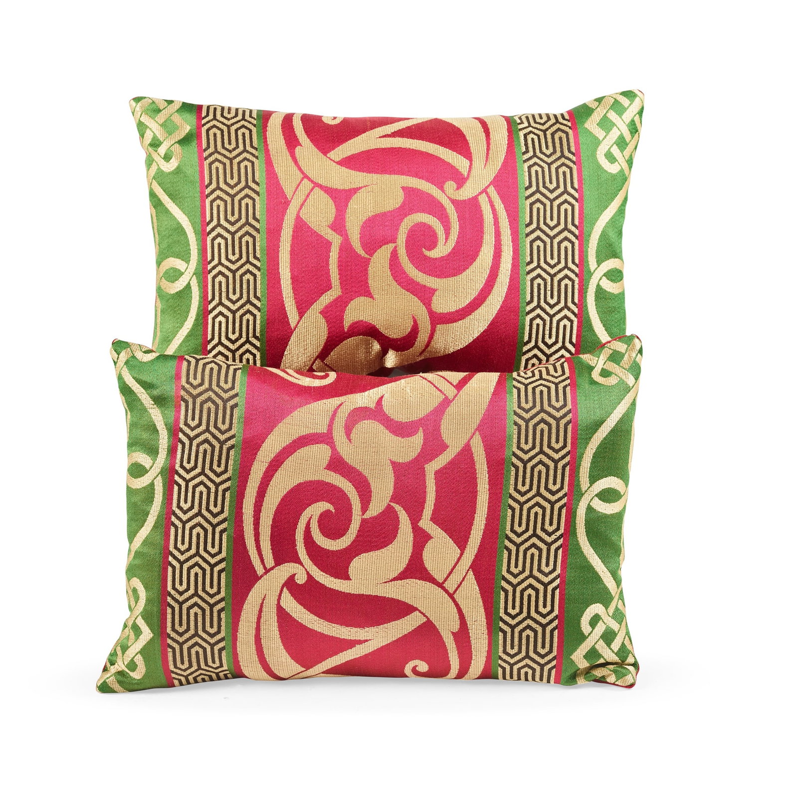 WARD OF HALIFAX: WARD OF HALIFAX PAIR OF CUSHIONS, THE FABRIC CIRCA 1870 cotton and silk backed with red linen and covered buttons, later made up (2) 43cm x 30cm 