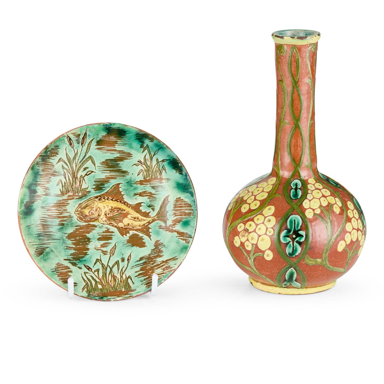 DELLA ROBBIA POTTERY, BIRKENHEAD: DELLA ROBBIA POTTERY, BIRKENHEAD VASE AND PLATE, CIRCA 1900 glazed earthenware, each incised DR, the VASE incised JF (John Foggo)/ 424/ TRISH, 18cm high; the PLATE incised ENID (Enid Woodhouse), 12.5c