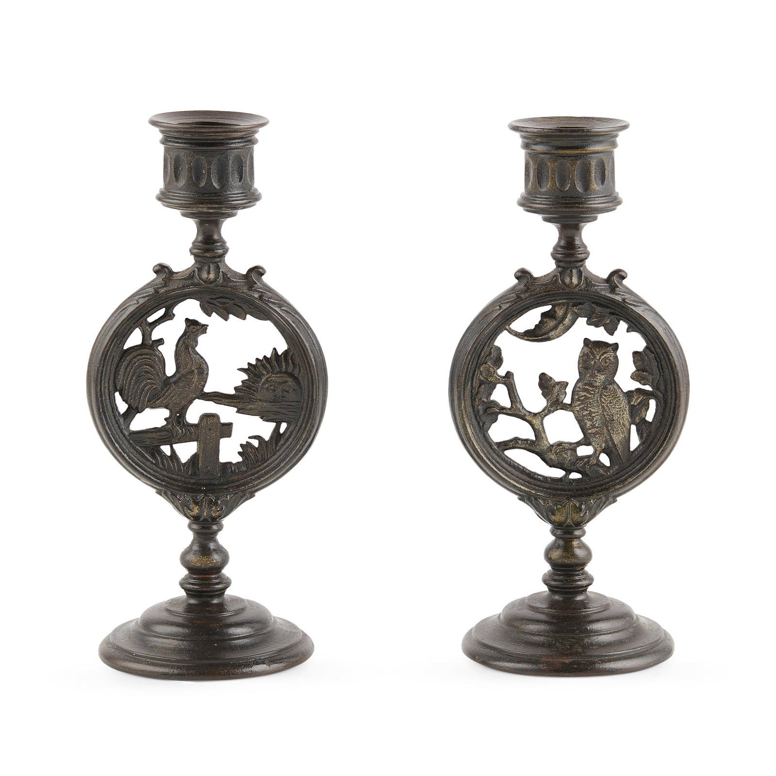HART, SON, PEARD & CO.: HART, SON, PEARD & CO. PAIR OF 'DAWN' AND 'DUSK' CANDLESTICKS, 1882 patinated bronze, with registration lozenge for 1882 (2) 18cm high
