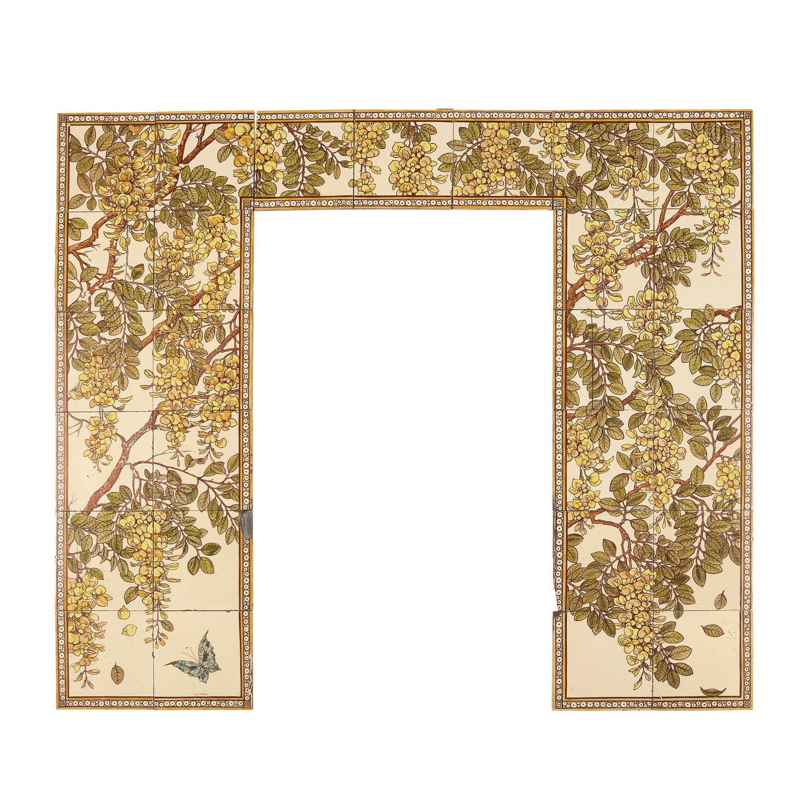 G. F. MALINS FOR MINTON, HOLLINS & CO.: G. F. MALINS FOR MINTON, HOLLINS & CO. AESTHETIC MOVEMENT FIREPLACE TILE PANEL, CIRCA 1880 dust-pressed clay, comprising 27 hand-painted tiles decorated with laburnum, moulded maker's marks, one tile