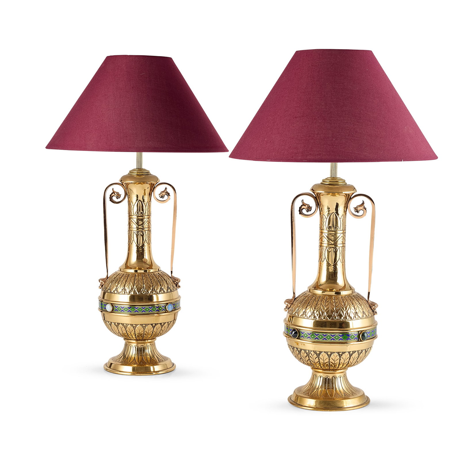 ENGLISH: ENGLISH PAIR OF AESTHETIC MOVEMENT TABLE LAMPS, CIRCA 1880 brass, copper, enamel, hardstone cabochons, with later silk shades (2) 48cm high to base of fitting