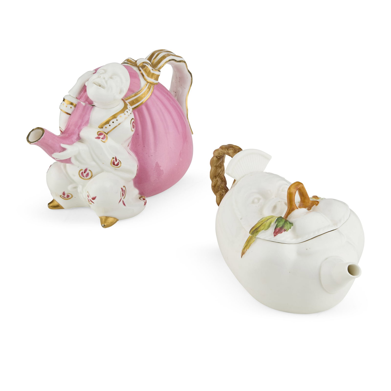 WILLIAM BROWNFIELD & SONS: WILLIAM BROWNFIELD & SONS TWO TEAPOTS, CIRCA 1877 majolica, stamped maker's mark and registration lozenge, comprising; a FACE TEAPOT, dated 11/77, 8.5cm high; and a CHINAMAN TEAPOT, dated 4/78, 13cm h