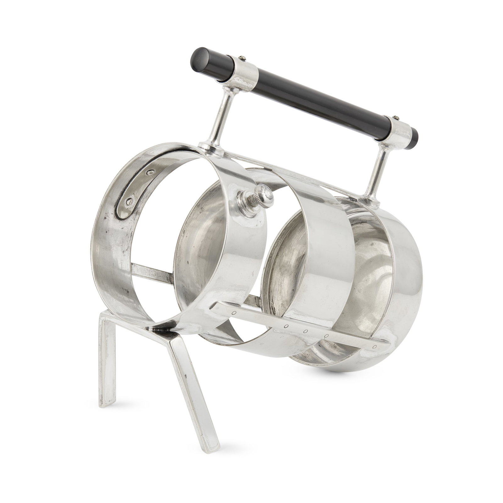 CHRISTOPHER DRESSER (1834-1904) FOR HUKIN & HEATH: CHRISTOPHER DRESSER (1834-1904) FOR HUKIN & HEATH WINE BOTTLE HOLDER, CIRCA 1880 electroplated metal, with ebonised handle, stamped maker's mark, RD NO 1343, 3128 18.5cm high Literature: Whitewa