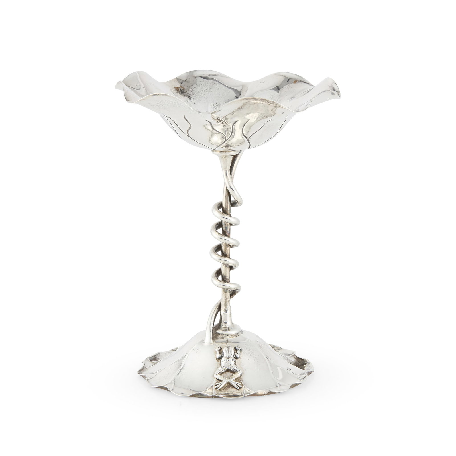 WILLIAM HUTTON & SONS LTD.: WILLIAM HUTTON & SONS LTD. BON BON DISH, 1899 silver, with applied frog, stamped maker's mark, hallmarked London 1899, 171g 15.2cm high