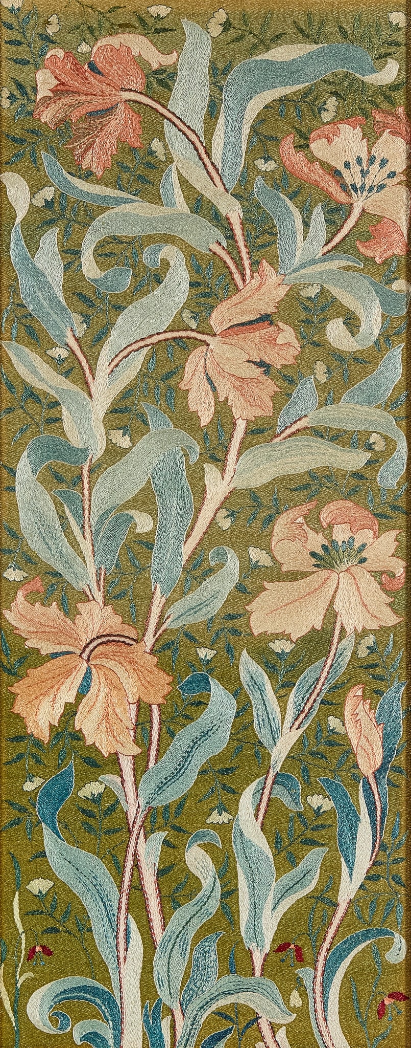 JOHN HENRY DEARLE (1859-1932) FOR MORRIS & COMPANY: JOHN HENRY DEARLE (1859-1932) FOR MORRIS & COMPANY ‘PARROT TULIP’ EMBROIDERED PANEL, CIRCA 1890 coloured silks, framed 128.5cm x 50.5cm (frame size 142cm x 64cm)