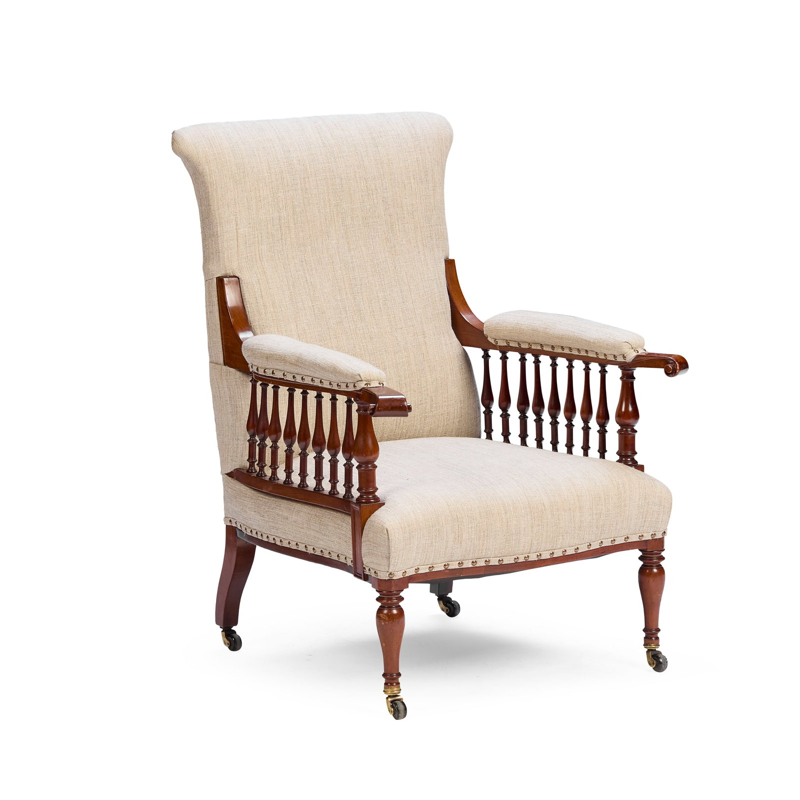 GEORGE WASHINGTON JACK (1855-1931) FOR MORRIS & COMPANY: GEORGE WASHINGTON JACK (1855-1931) FOR MORRIS & COMPANY ARTS & CRAFTS 'SAVILLE' ARMCHAIR, CIRCA 1890 mahogany, later linen upholstery 65cm wide, 93cm high, 65cm deep Literature: Anscombe I. and Gere C