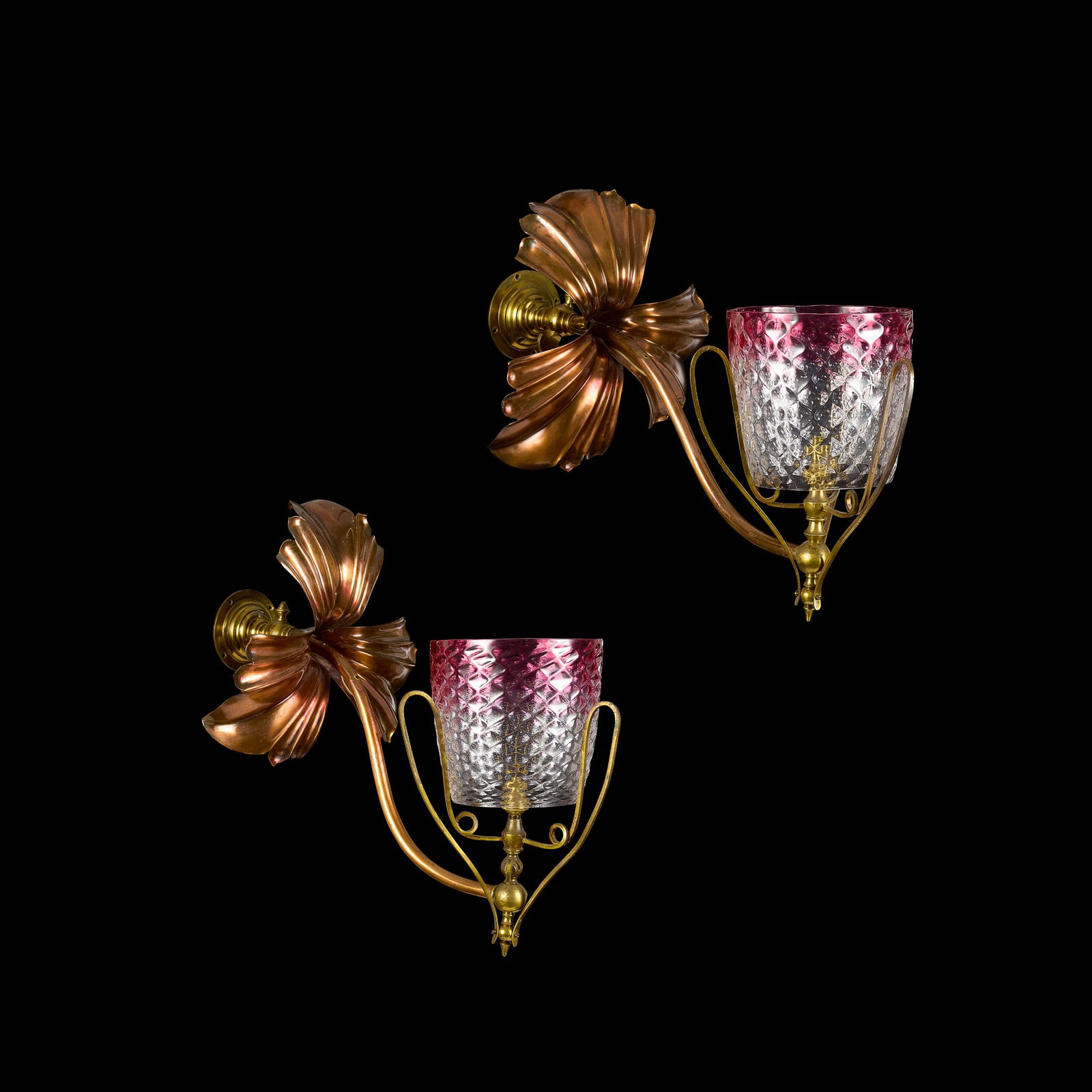 W.A.S. BENSON (1854-1924): W.A.S. BENSON (1854-1924) PAIR OF WALL SCONCES, CIRCA 1900 copper, brass, with textured glass shades (2) 50cm deep, 35cm high Literature: Hamerton I. (ed.) W. A. S. Benson: Arts and Crafts Luminary an