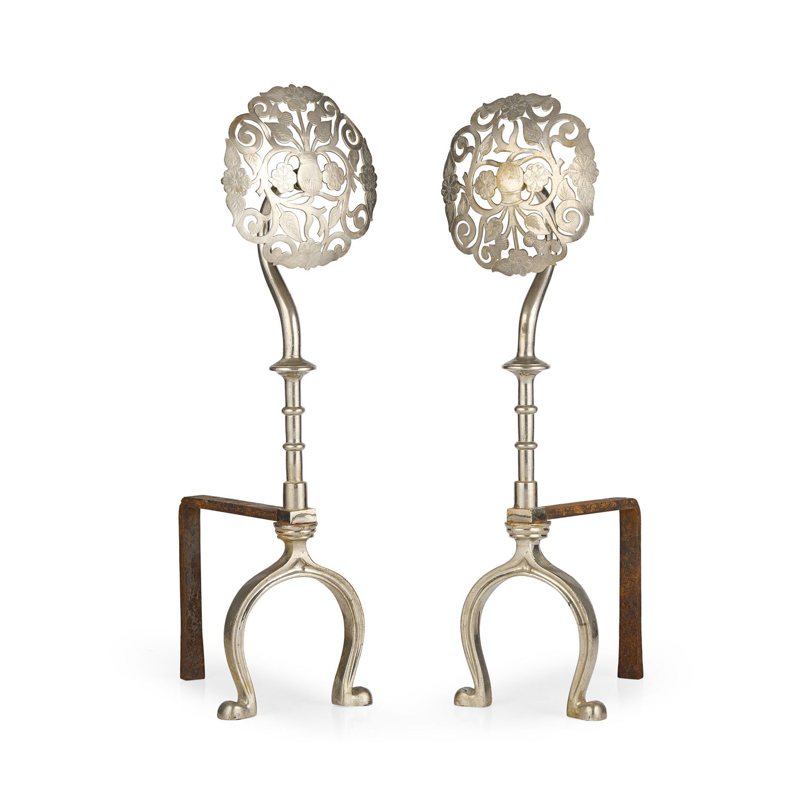 MANNER OF W. R. LETHABY: MANNER OF W. R. LETHABY PAIR OF ARTS & CRAFTS FIREDOGS, CIRCA 1910 chromed steel, wrought iron (2) 15cm wide, 54.5cm high, 22cm deep