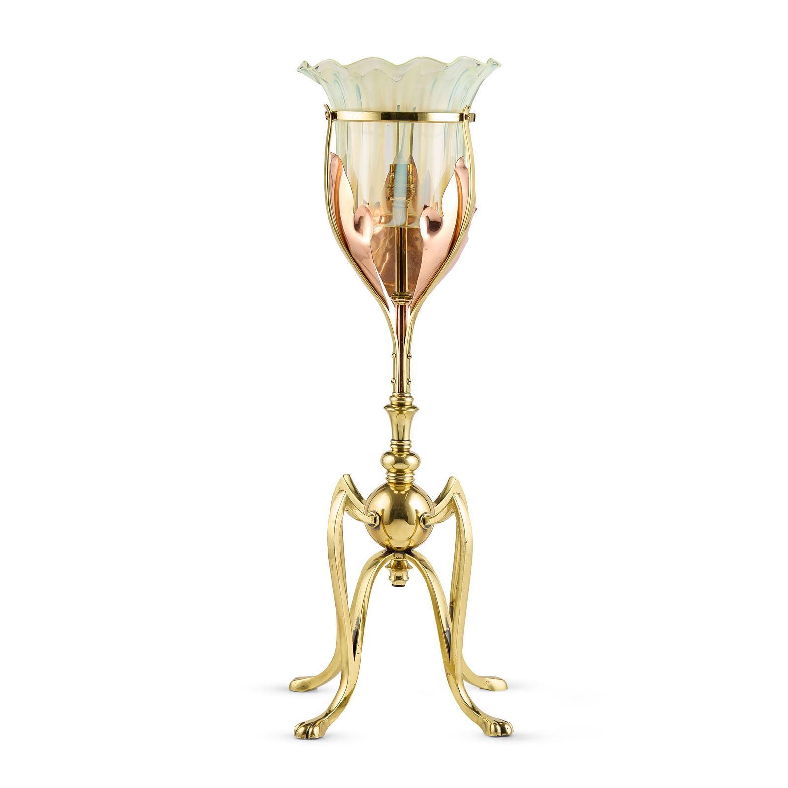 W. A. S. BENSON (1854-1924): W. A. S. BENSON (1854-1924) ARTS & CRAFTS TABLE LAMP, CIRCA 1900 copper, brass, with opalescent glass shade, stamped maker's mark 69.5cm high Literature: Hamerton I. (ed.) W. A. S. Benson: Arts and Cr