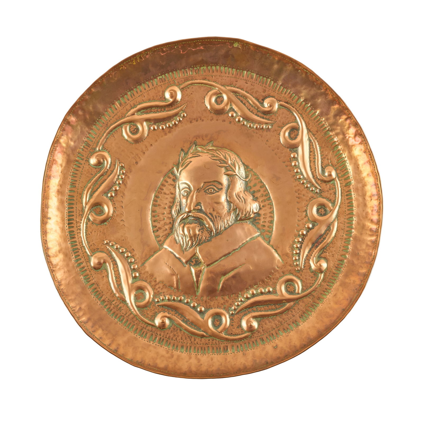 JOHN PEARSON (1859-1930): JOHN PEARSON (1859-1930) ARTS & CRAFTS CHARGER, 1902 repoussé-decorated copper, signed and dated J.P. 1902 34.5cm diameter 