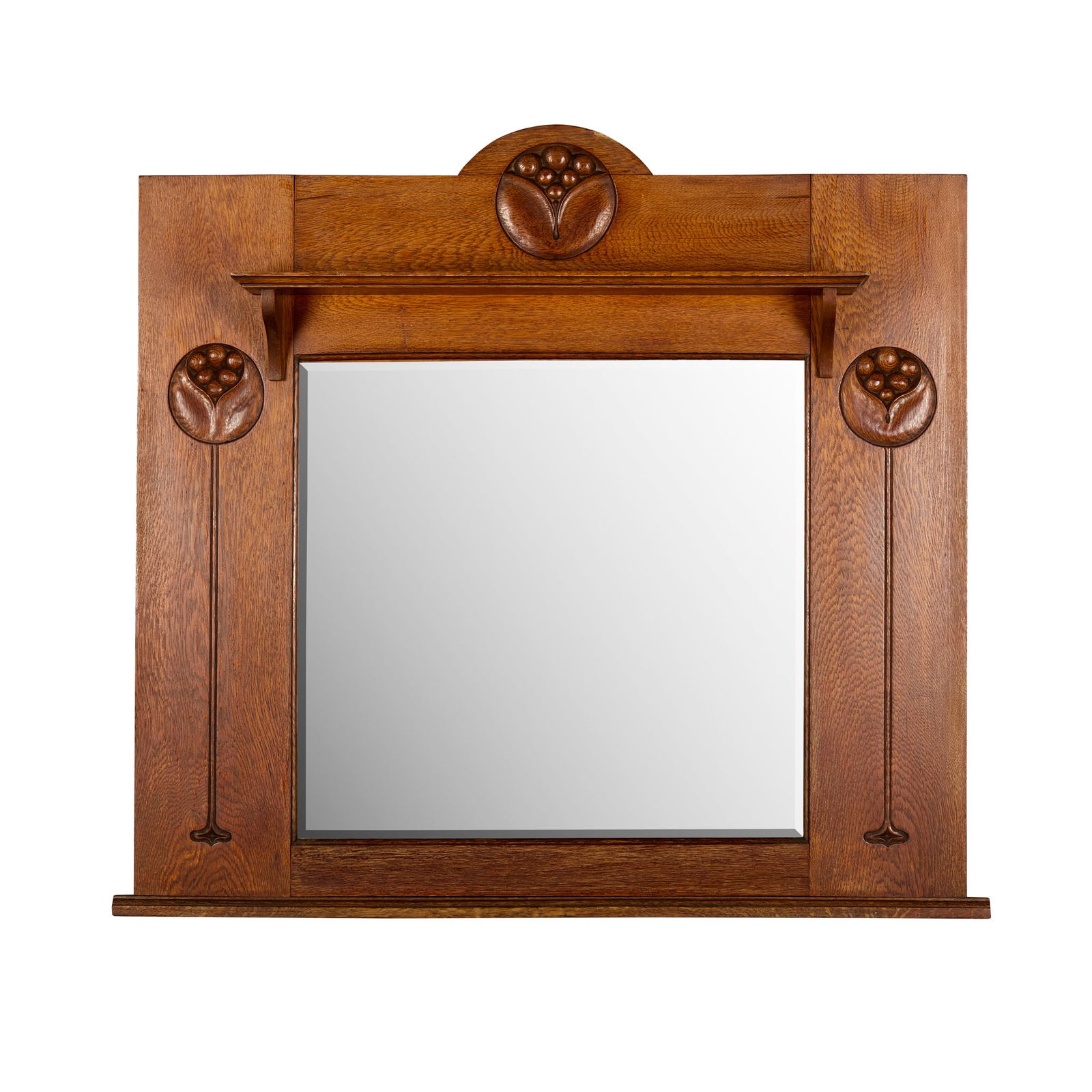 ENGLISH, MANNER OF H.M. BAILLIE-SCOTT: ENGLISH, MANNER OF H.M. BAILLIE-SCOTT ART NOUVEAU OVERMANTEL MIRROR, CIRCA 1900 oak, with bevelled mirror plate 92.5cm wide, 83.5cm high 