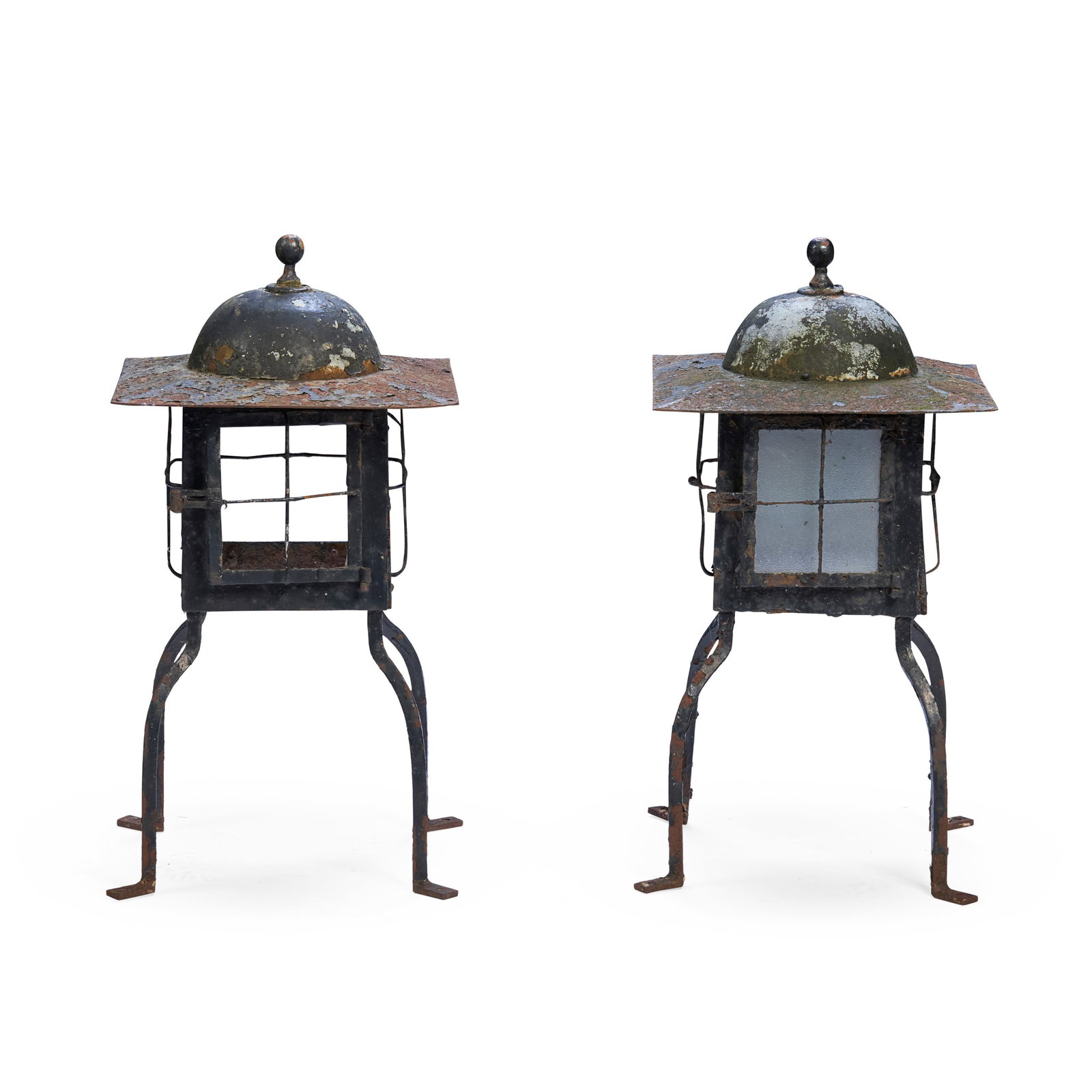 ENGLISH: ENGLISH PAIR OF ARTS & CRAFTS GATEPOST LANTERNS, CIRCA 1900 painted cast and wrought iron, with frosted glass (2) 37.5cm square, 73cm high