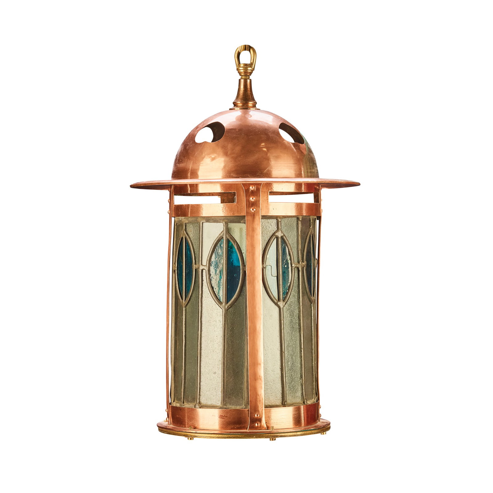 ENGLISH: ENGLISH ARTS & CRAFTS HALL LANTERN, CIRCA 1900 copper, with stained and leaded glass panels 35cm diameter, 55cm high Private collection, London
