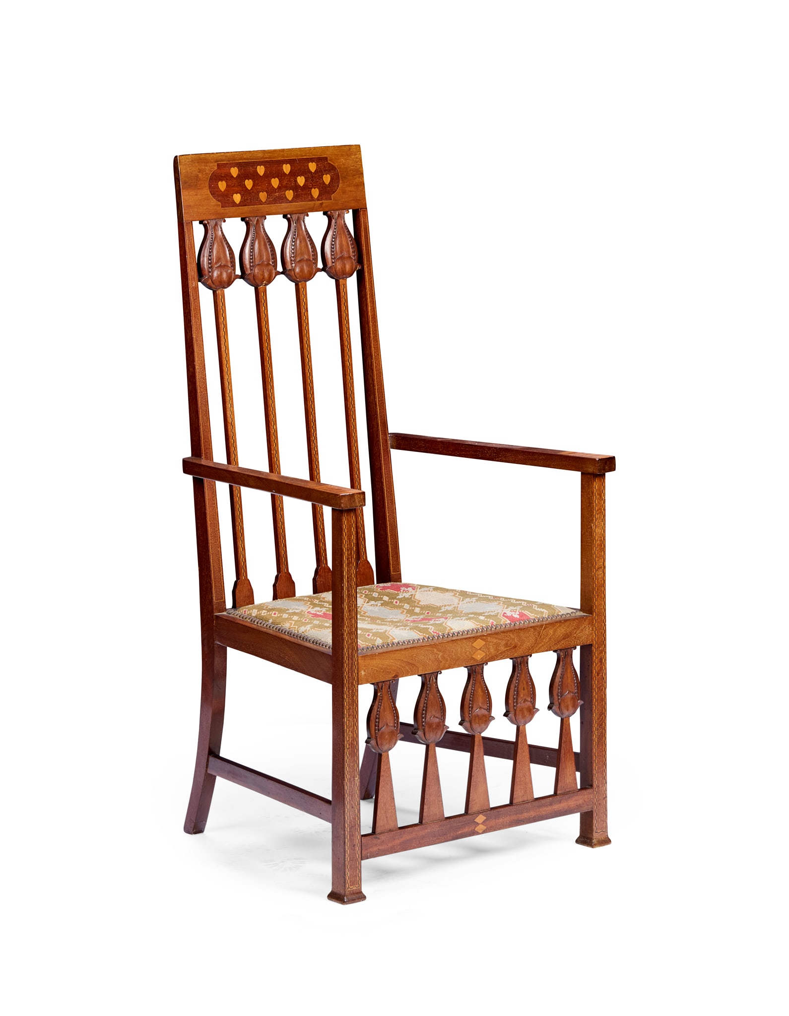 ENGLISH: ENGLISH ART NOUVEAU ARMCHAIR, CIRCA 1910 inlaid mahogany, with close-nailed tapestry seat 57.5cm wide, 120cm high, 48.5cm deep