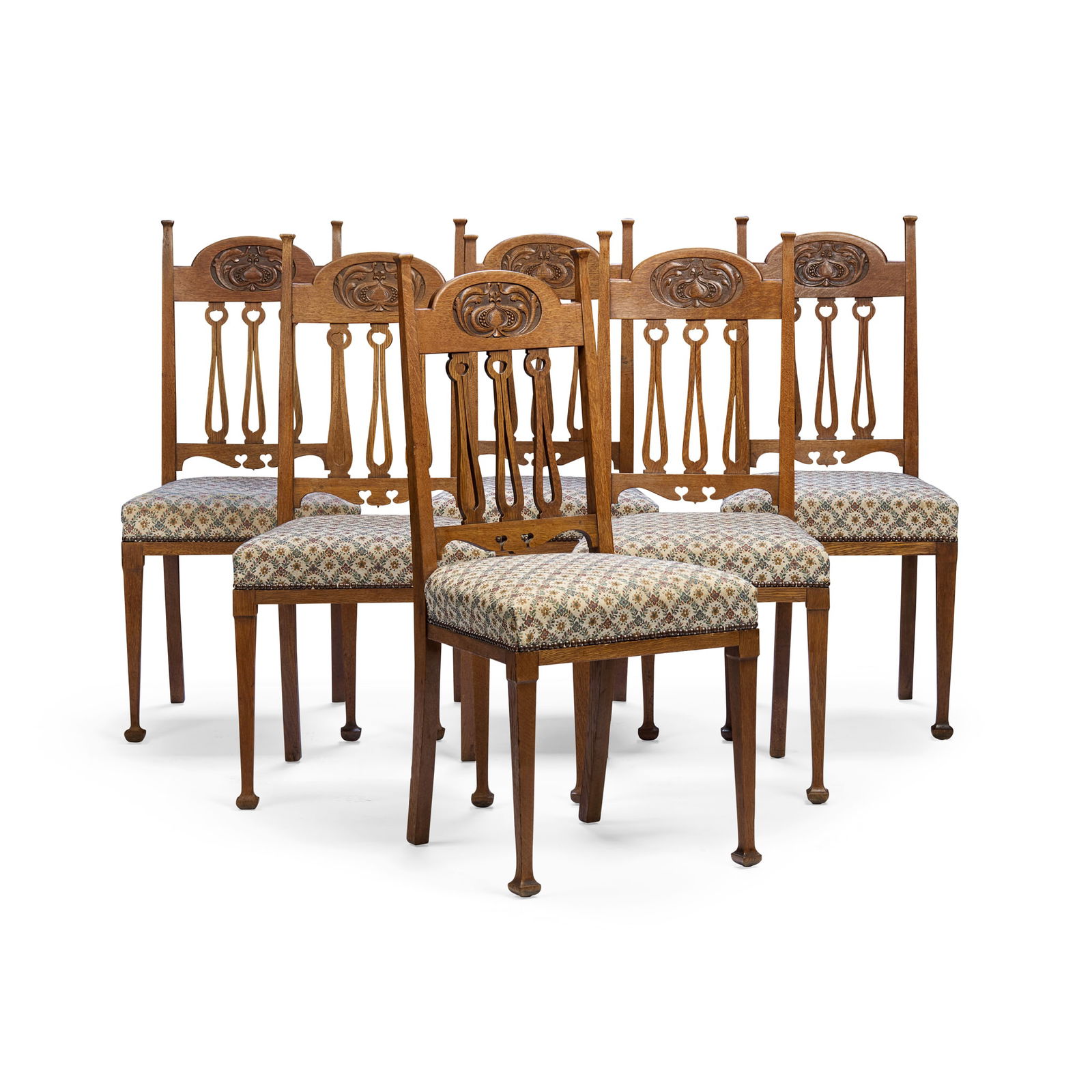 ENGLISH: ENGLISH SET OF SIX ART NOUVEAU DINING CHAIRS, CIRCA 1900 oak and upholstery (6) 47cm wide, 103cm high, 46cm deep