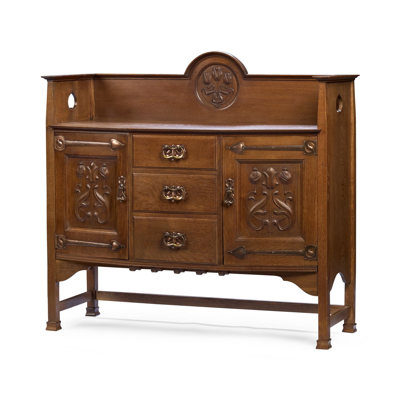 SHAPLAND & PETTER, BARNSTAPLE: SHAPLAND & PETTER, BARNSTAPLE ARTS & CRAFTS SIDEBOARD, CIRCA 1900 oak, with brass and copper fittings, stamped to back R2144 141cm wide, 133cm high, 59cm deep