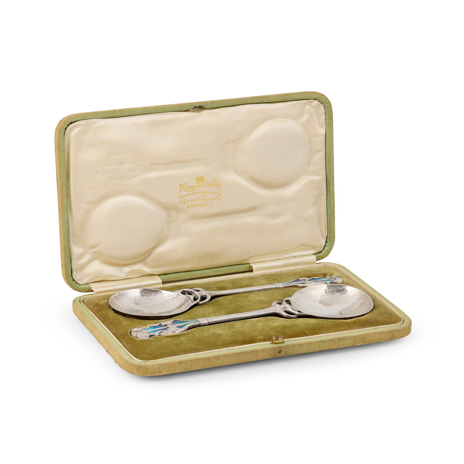 ATTRIBUTED TO KATE ALLEN FOR WILLIAM HUTTON & SONS LIMITED: ATTRIBUTED TO KATE ALLEN FOR WILLIAM HUTTON & SONS LIMITED CASED PAIR OF SPOONS, 1903 silver, enamel, stamped maker's marks, hallmarked London 1903, in Mappin & Webb case (2) spoons 18.3cm long Litera