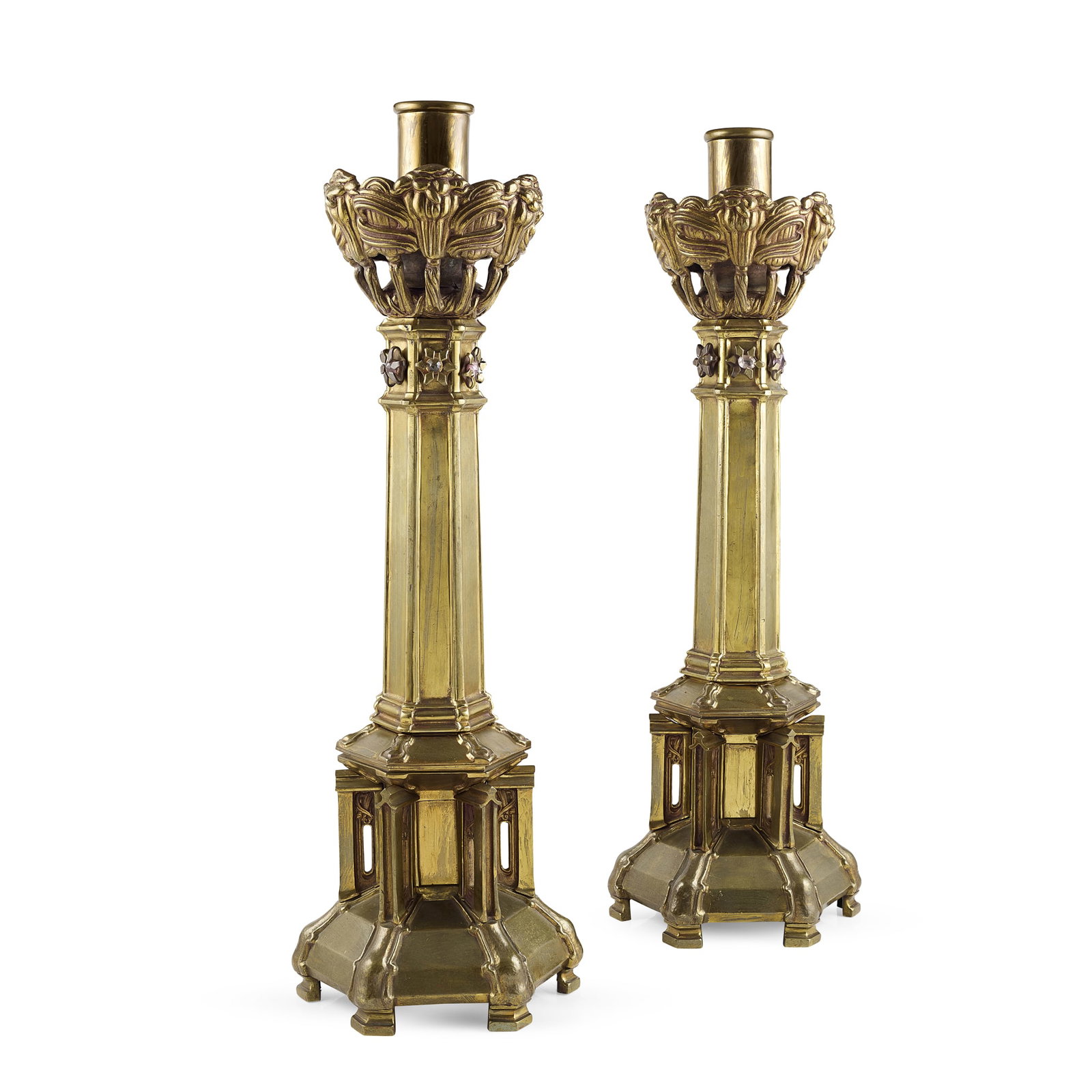 ATTRIBUTED TO HENRY WILSON (1864-1934): ATTRIBUTED TO HENRY WILSON (1864-1934) PAIR OF ALTAR CANDLESTICKS, CIRCA 1900 lacquered brass, with applied faceted hardstones (2) 73cm high 
