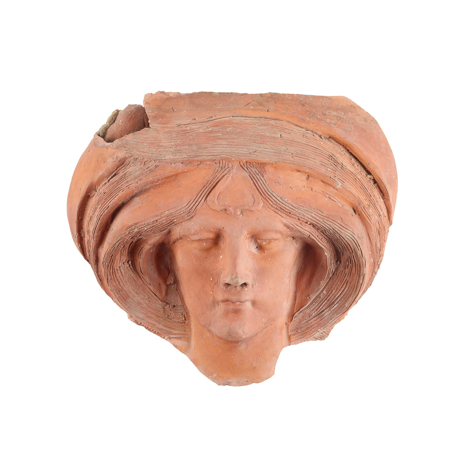 WILLIAM JAMES NEATBY (1860-1910): WILLIAM JAMES NEATBY (1860-1910) ART NOUVEAU ARCHITECTURAL MASK, CIRCA 1900 terracotta 30cm high x 34cm wide A similar terracotta ‘angel’ figure was designed by William James Neatby in 189