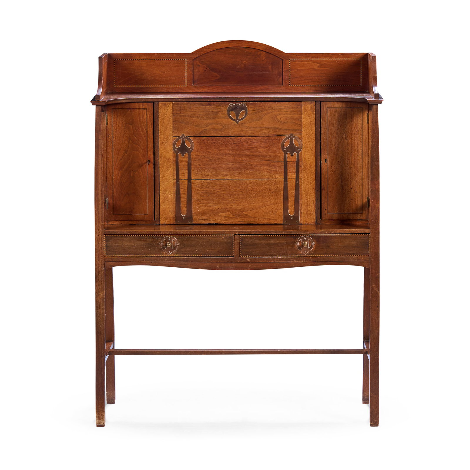 J S HENRY, LONDON: J S HENRY, LONDON SECRETAIRE, CIRCA 1900 inlaid walnut, with copper fittings 106cm wide, 141.5cm high, 38.5cm deep