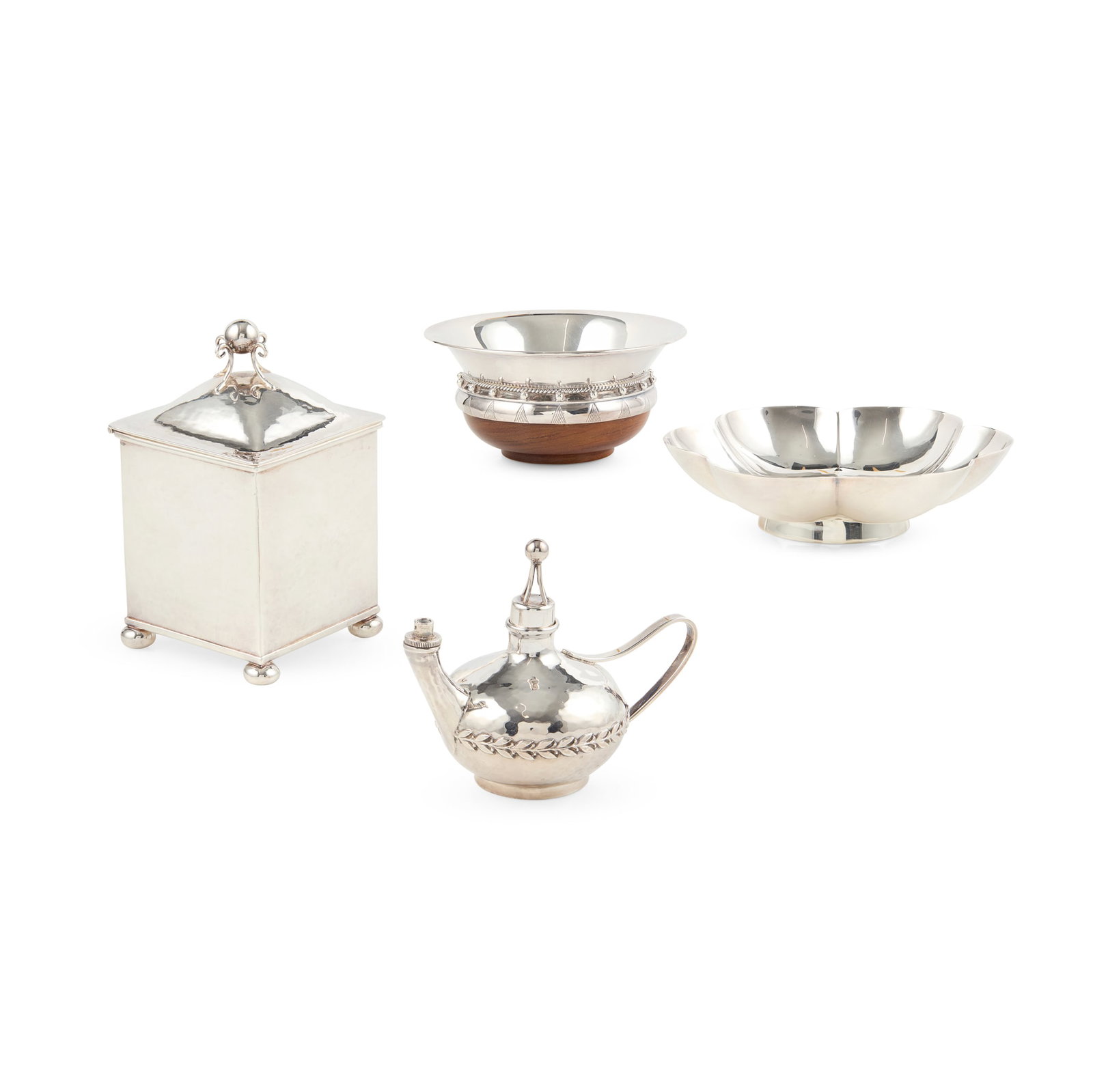 A. E. JONES (1878-1954): A. E. JONES (1878-1954) MAZER, 1987 silver and turned wood, stamped maker's mark A.E.J., hallmarked Birmingham 1987, 14.5cm diameter; a LOBED DISH, silver, stamped maker's mark A.E.J., hallmarked Birm